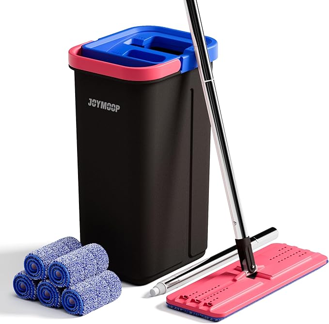 JOYMOOP Mop and Bucket Set, Hands-Free Flat Floor Mop with 3 Washable Microfiber Pads, Wet and Dry Use, Ideal for Home and Commercial Floor Cleaning