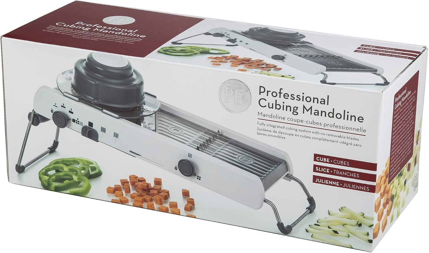 Progressive Mandoline , Non-Skid Feet, Slice, Julienne, Cube, 4-Adjustable Thicknesses, Saftey Hand Guard, Compact Storage, White