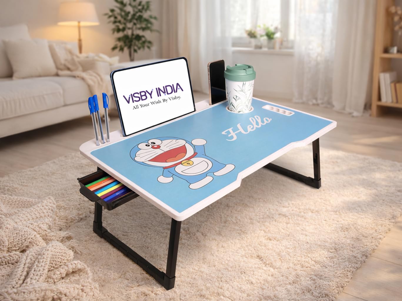 VISBY INDIA Foldable Heavy-Duty Wooden Mini Laptop Table for Bed, Study Table with Drawer, Adjustable for PC/Tablet/Mobile Holder,Secure Foldable Leg (Doremon C-Biding)