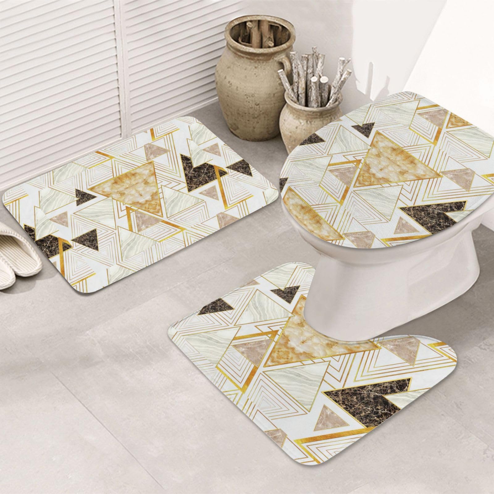 BREAUX Tapis de sol antidérapant à motif géométrique abstrait, tapis de sol de salle de bain, couverture de douche antidérapante, ensemble de 3 pièces
