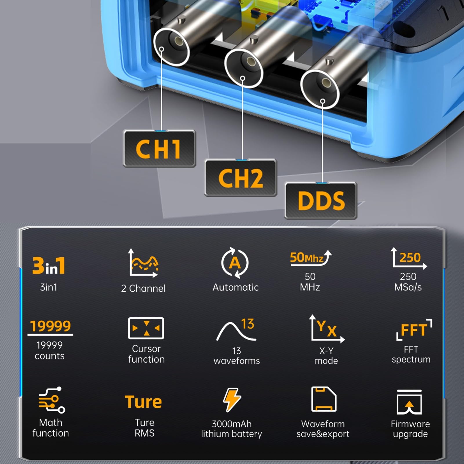 Jadeshay Oscilloscopio Digitale Oscilloscopio Portatile 2C53T Generatore di Segnale Portatile a 2 Canali con Larghezza di Banda 2×50 MHz Frequenza di campionamento 250MSa/s Esportazione Dati
