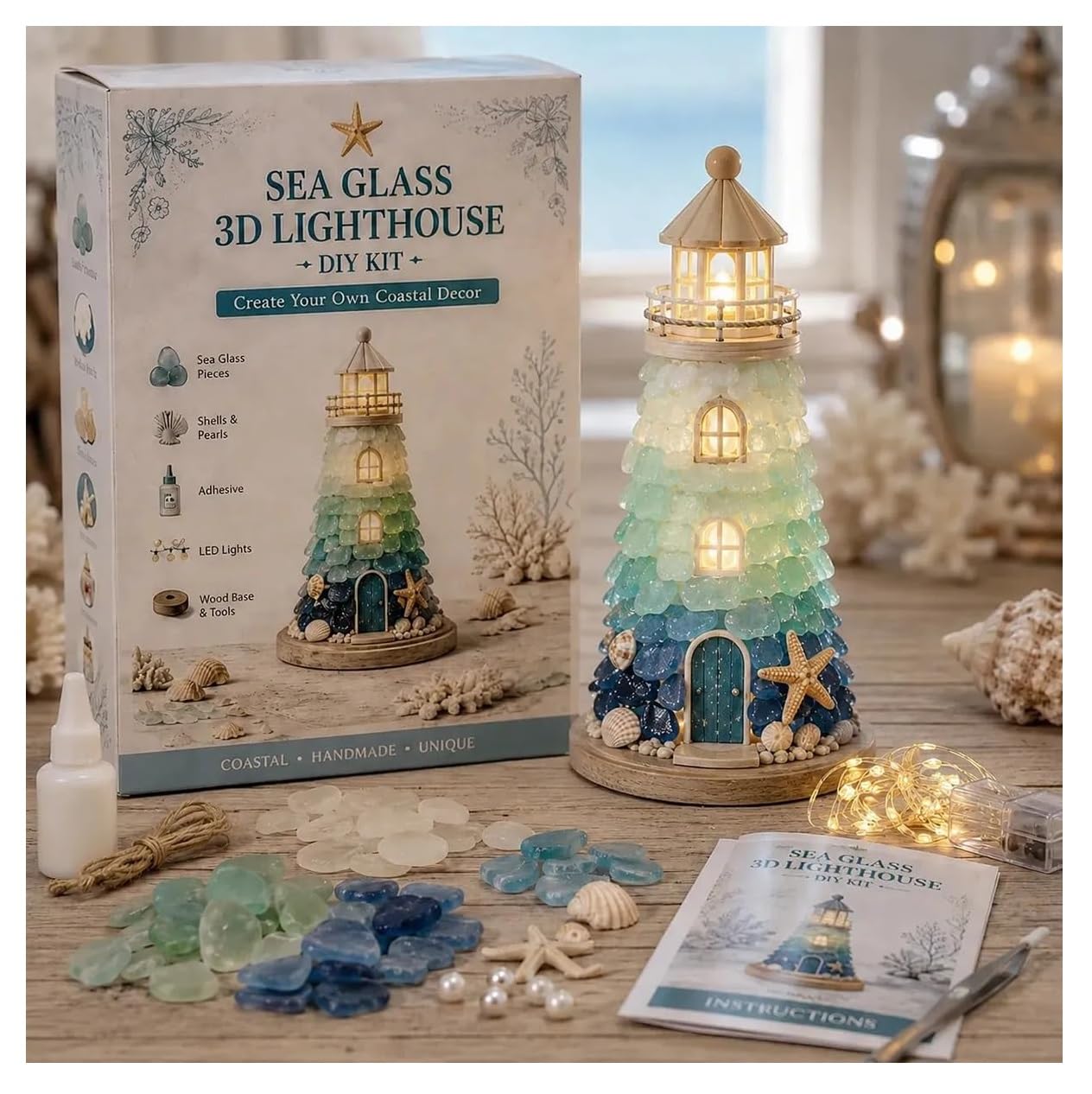 Beginner-Friendly DIY Lighted Sea Glass-Style Lighthouse Kit Collection，E