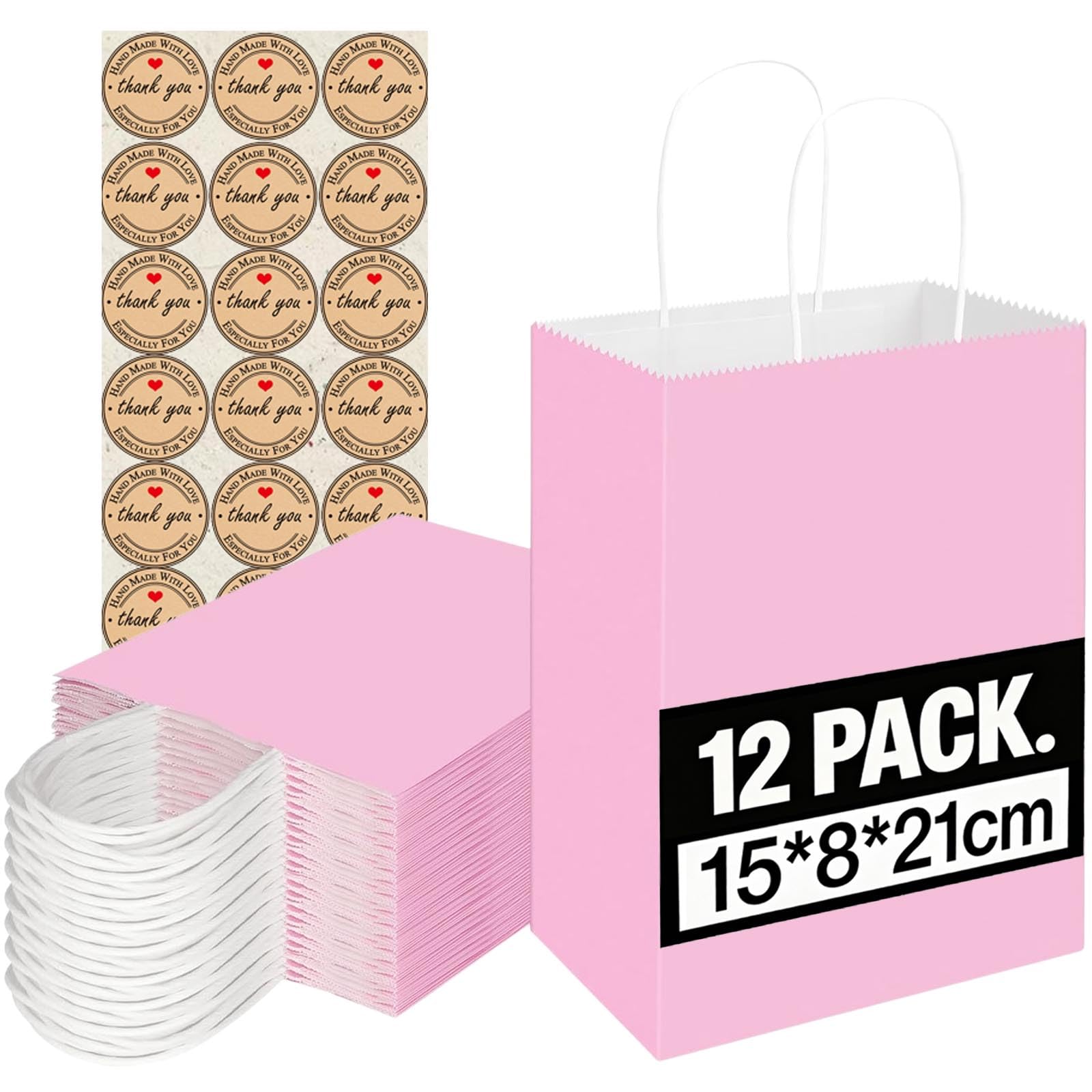 12PCS Kraft Paper Bags With Handles - Mixed Size Gift Bags for Business, Shopping, Retail, Party, Favor, Merchandise,Sacks Restaurant Takeout - 130GMS Thicken Kraft bags (Pink)