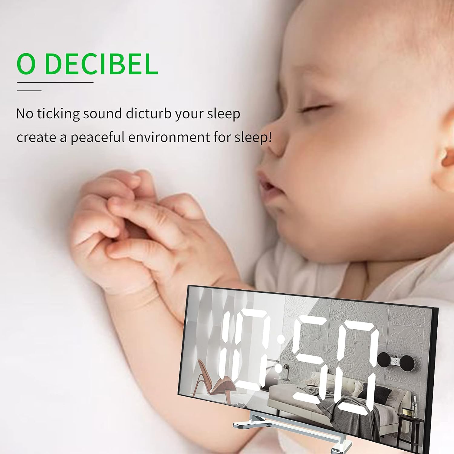 Digital Alarm Clock large display,Mirror Surface LED Electronic Clocks,Snooze Mode,12/24H,Auto/Custom Brightness,Modern Mirror Desk Wall Clock for Bedroom Home Office Table, for Kids and Adults（White）