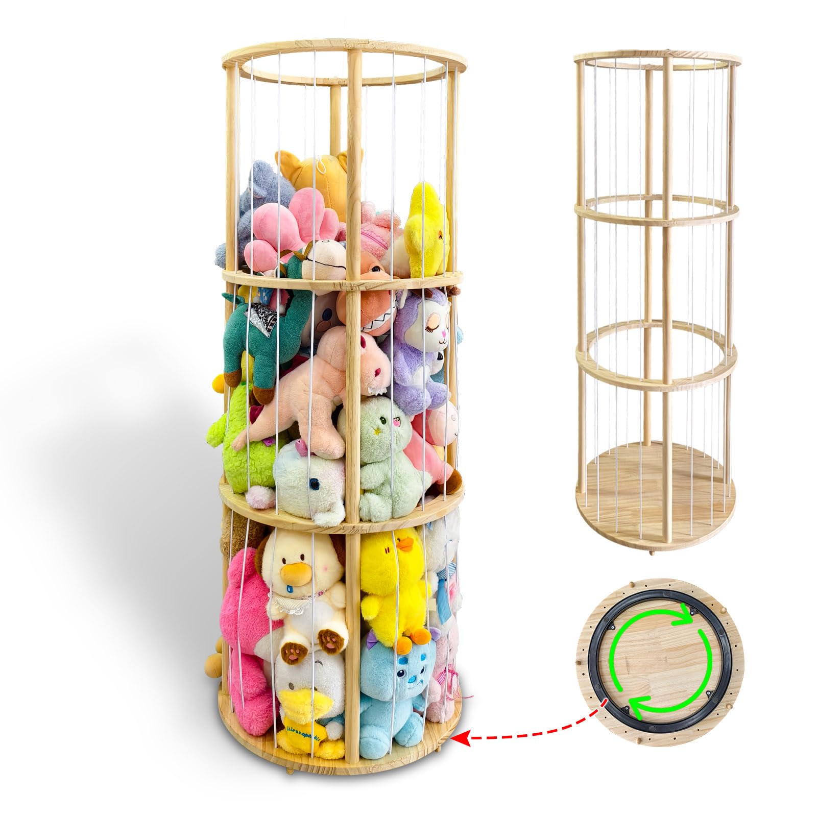 Rotatable Stuffed Animal Storage Zoo Tower, 51" Tall Wooden Plush Toy Organizer (19" x 19" Base) with Elastic Cords, Large Capacity Toy Bin for Dolls