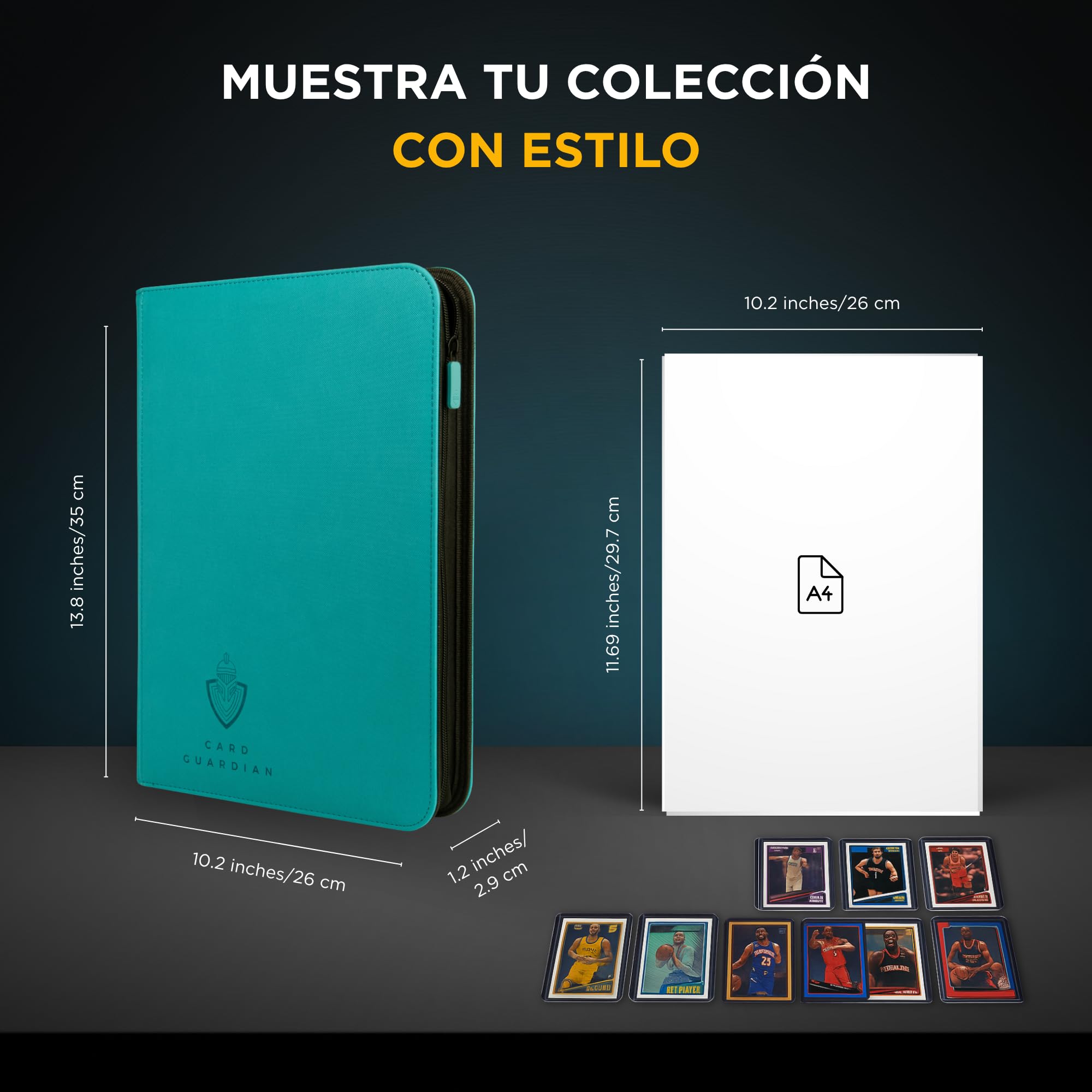 Card Guardian - Carpeta premium de 9 bolsillos con cremallera para 360 tarjetas, juegos de cartas coleccionables TCG (verde azulado) - Bolsillos laterales - Compatible con tarjetas Yugioh MTG, carpeta