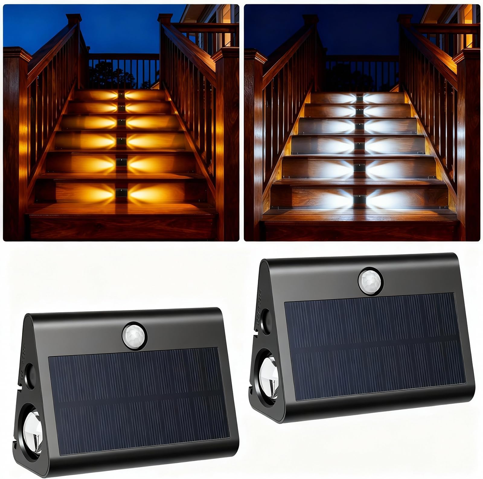 2 Pack Motion Sensor Solar Step Lights,IP67 Outdoor Waterproof LED Stair Lights, 3 Color Temp & Double-Sided Lighting, Outside Decor Light for Deck,Porch,Railing,Fence,Walkway, Yard,Wall,Patio.