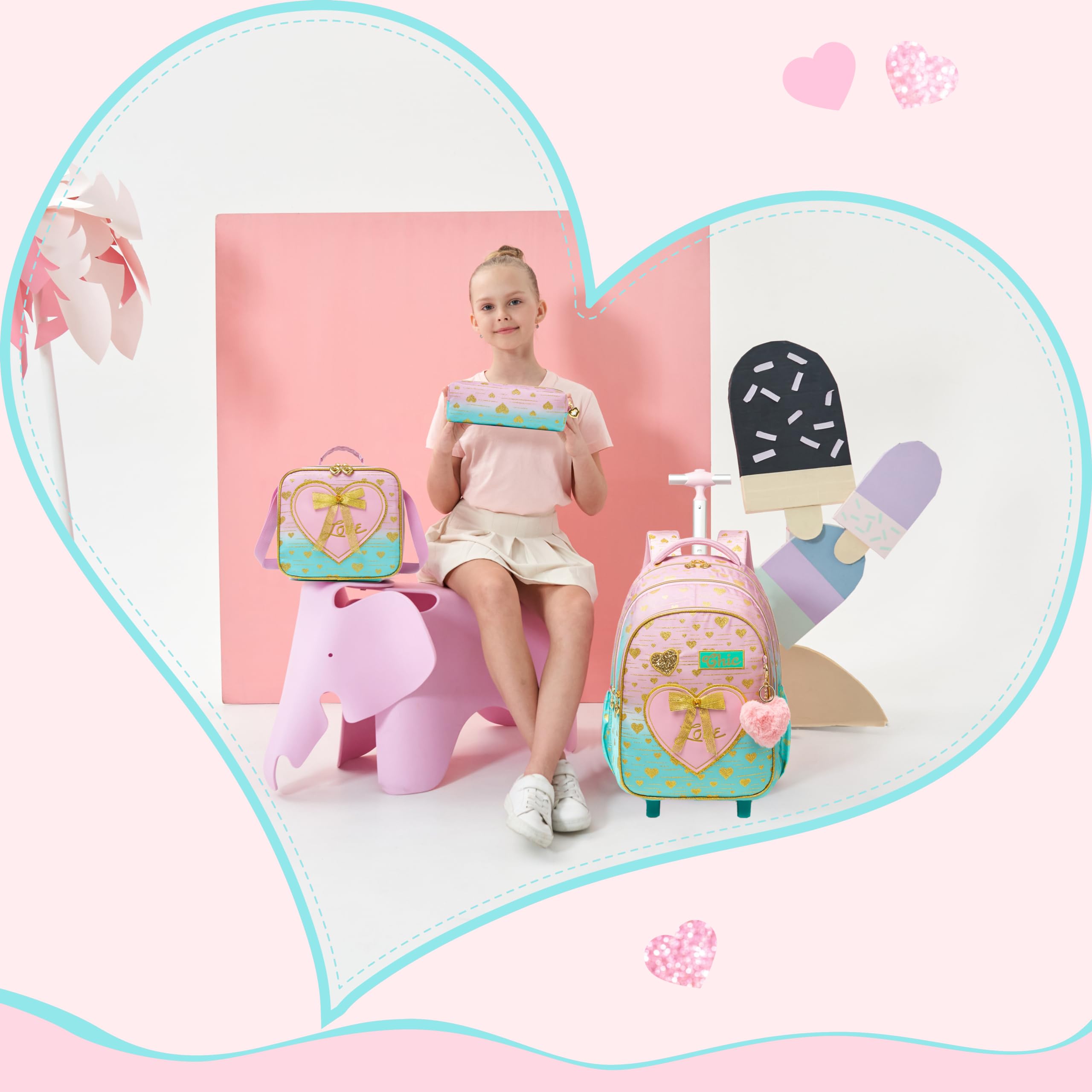 HTgroce Schulranzen mit Rollen für Mädchen, Kinderrucksack mit Rollen Trolley Schulrucksack für Mädchen,Schultrolley Rucksäcke Kinder Schulrucksack Schultasche mit Rollen ab 7 jahren