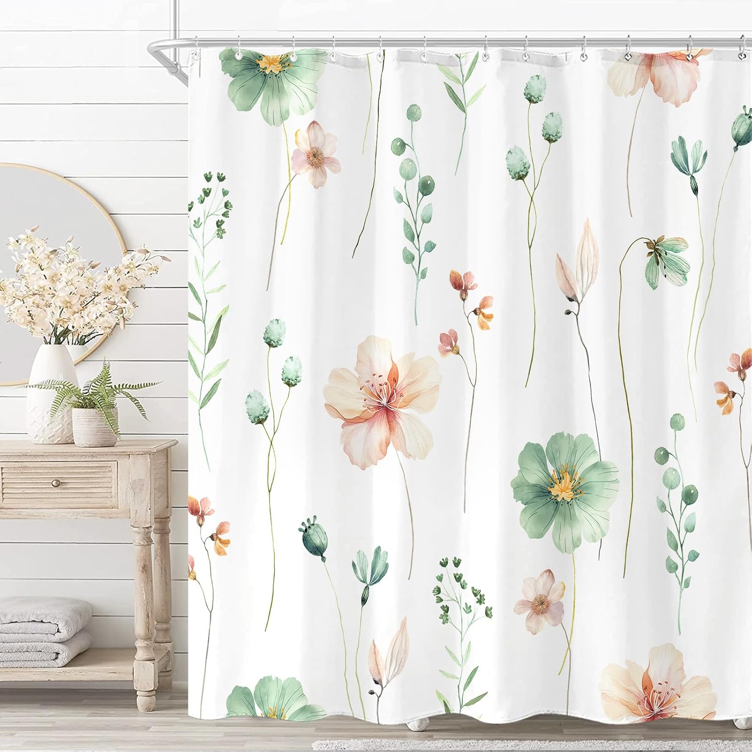 AMM Watercolor Floral Shower Curtain Sage Green Beige