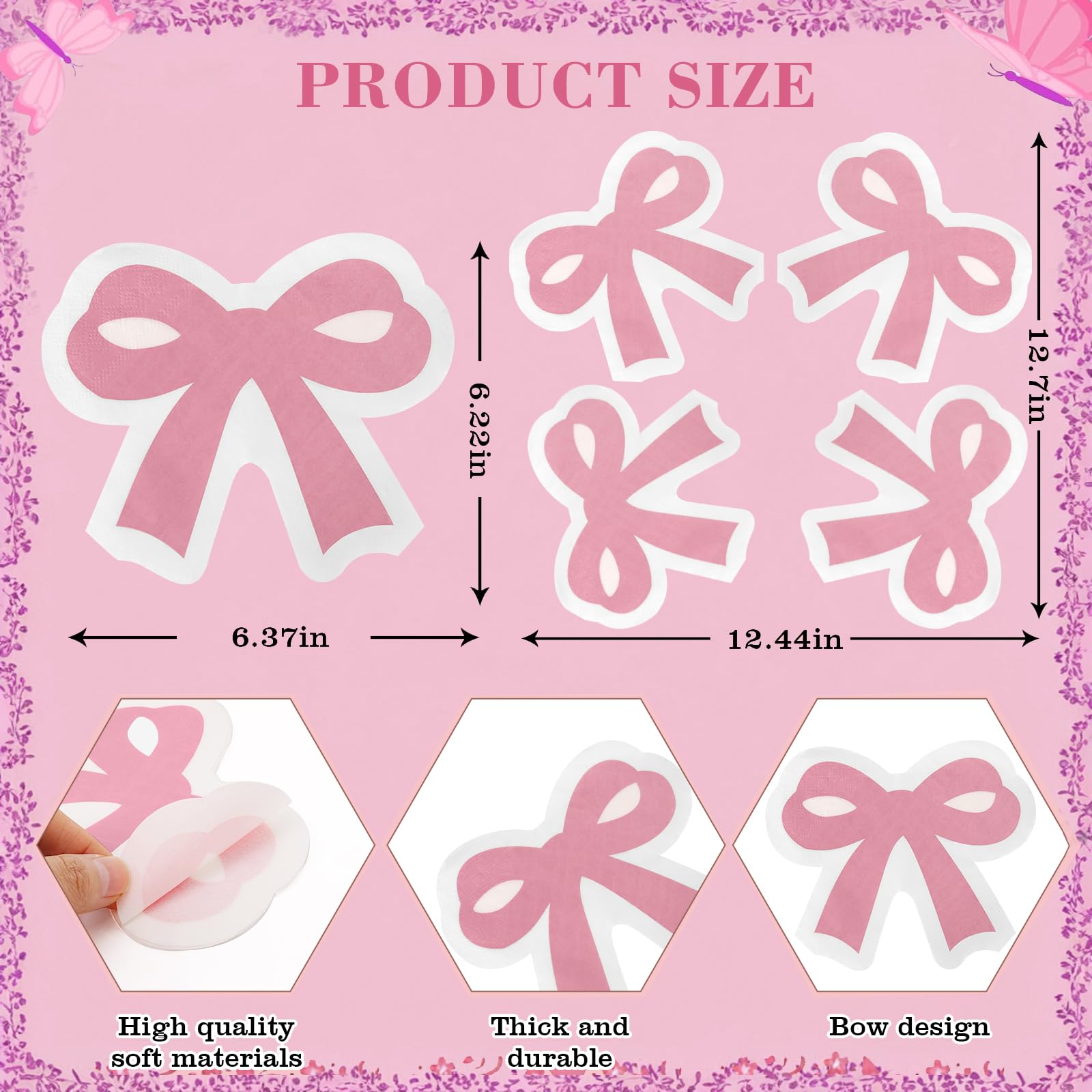 JUNUO 50 Pink Bow Napkins for Bow Party Supplies, Bachelorette Party Decorations, Bridal Engagement, Baby Shower, Tea Party Decorative Cutlery