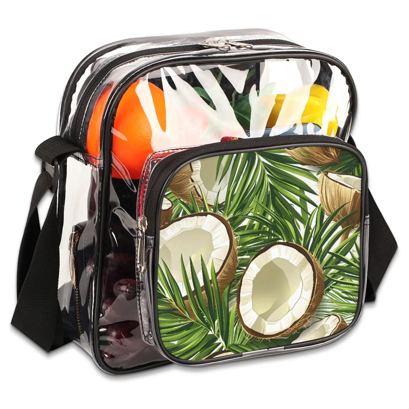 Clear Crossbody Bag Stadium Approved Fruit Coconut Transparent Bag for Festivals, Sports Events, Concerts,Beach Bag for Women Men Clear Purse with Front Pocket Messenger Bag with Adjustable Strap