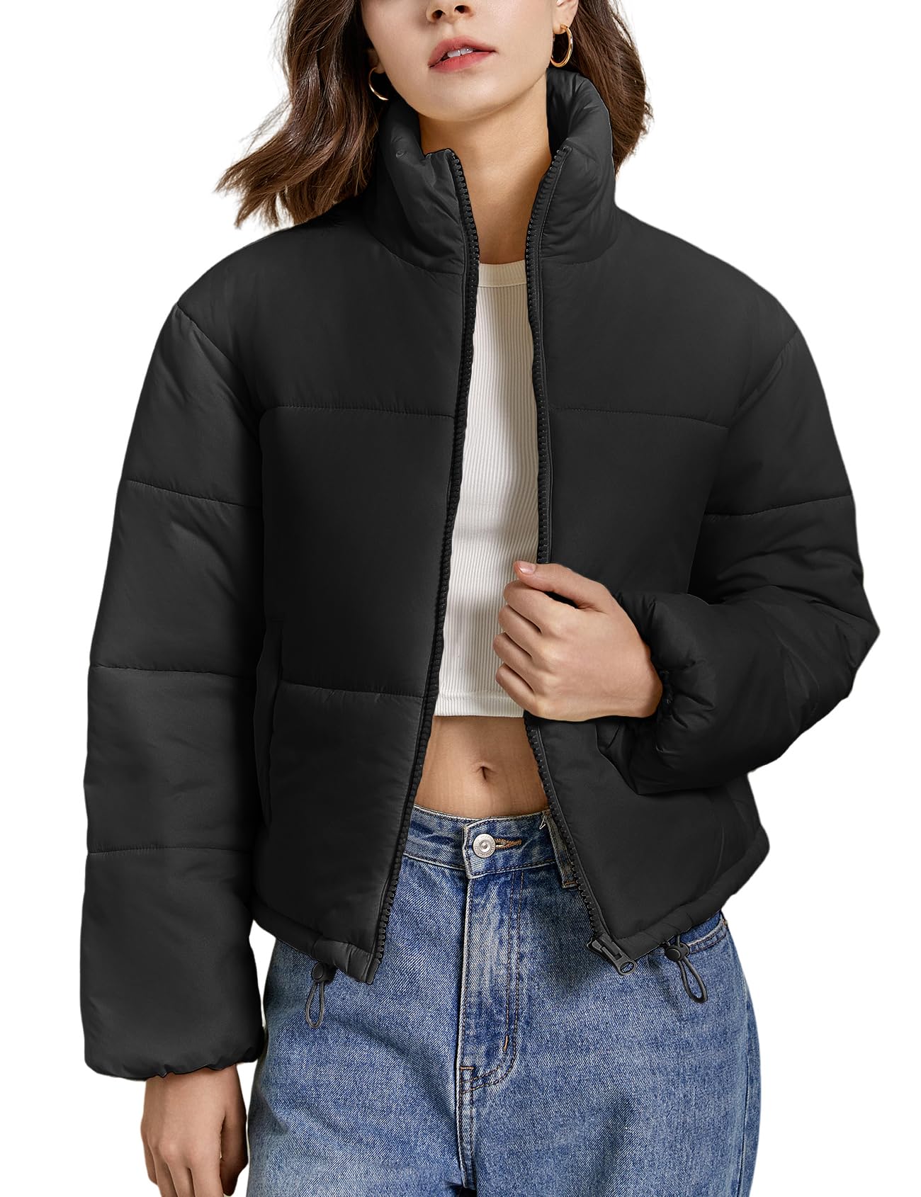 Wyeysyt Women Cropped Puffer Jacket Quilted Lightweight Winter Jackets Stand Up Collar Long Sleeve Zip with Pockets