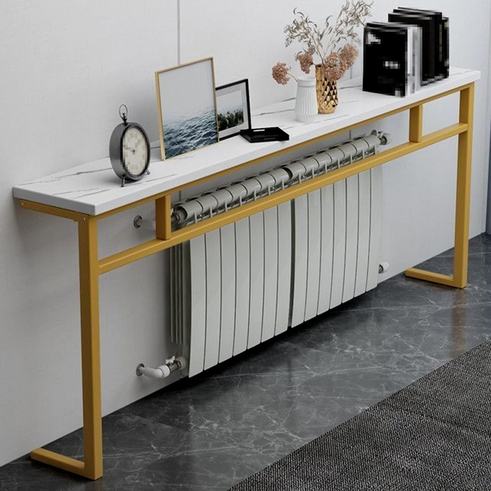 Cubierta de radiador sin perforación, estante de almacenamiento de metal para sala de estar y cocina, carga máxima de 30 kg, elegante protección del radiador, 120 x 15 x 90 cm