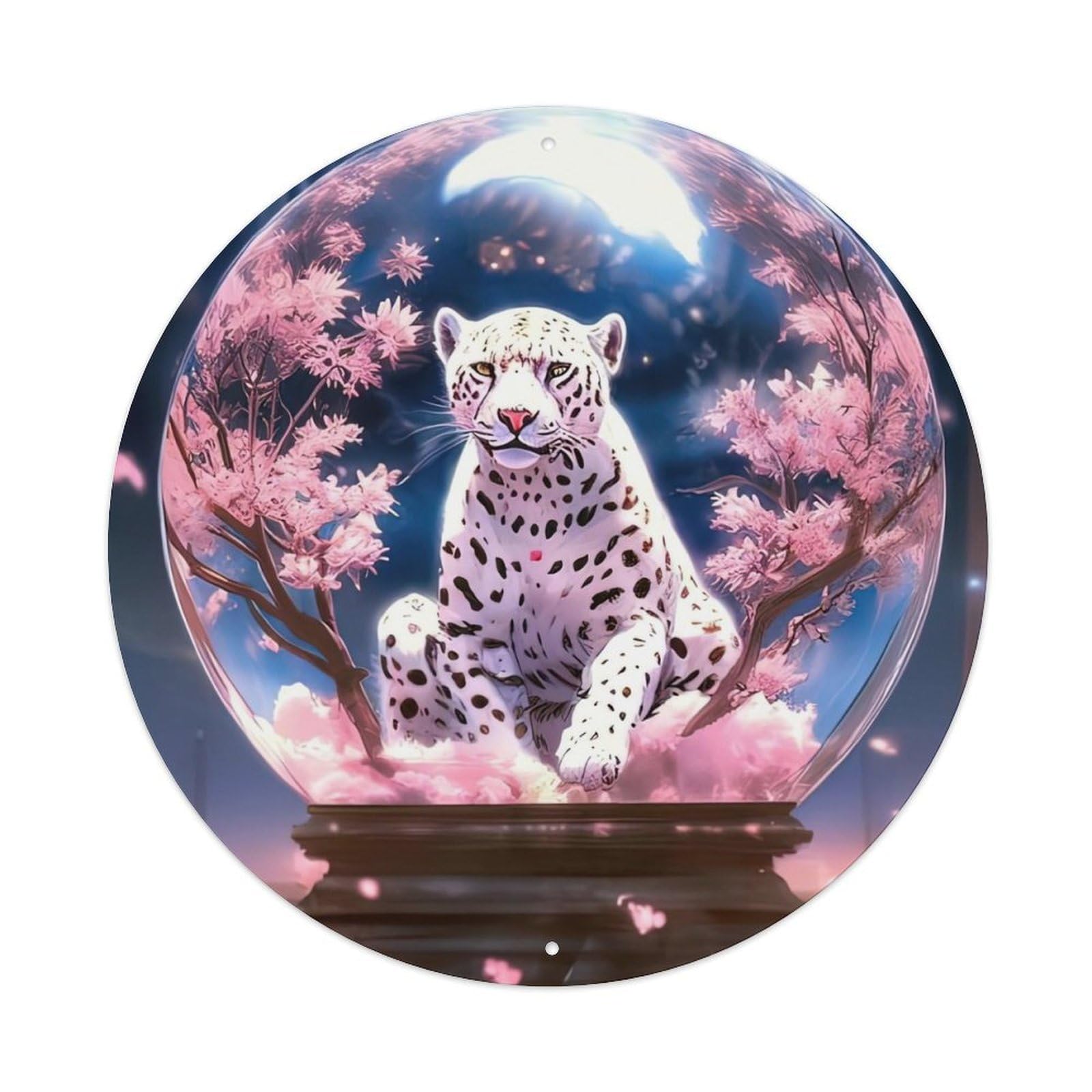 Wildlife Artwork Leopard in Crystal Ball Vintage Metal Tin Sign Plaque Wall Decor for Cafe, Club, Garden Round Metal Poster 8x8Inch
