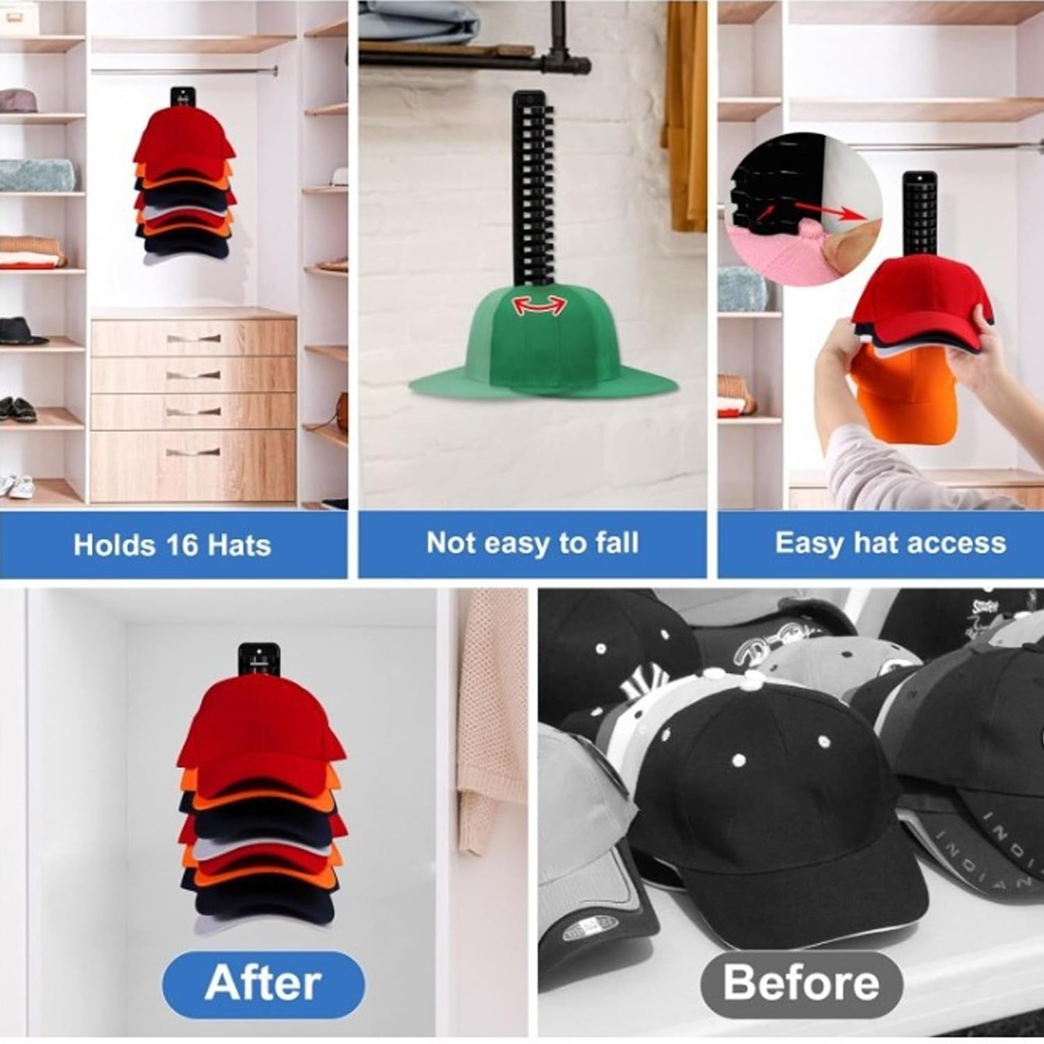 Porta Cappelli Parete, Espositore Cappelli, Portacappelli Autoadesivo, Organizzatore Baseball Cap, Cappelliera per Cappelli Contenere 16 Cappelli, Nero
