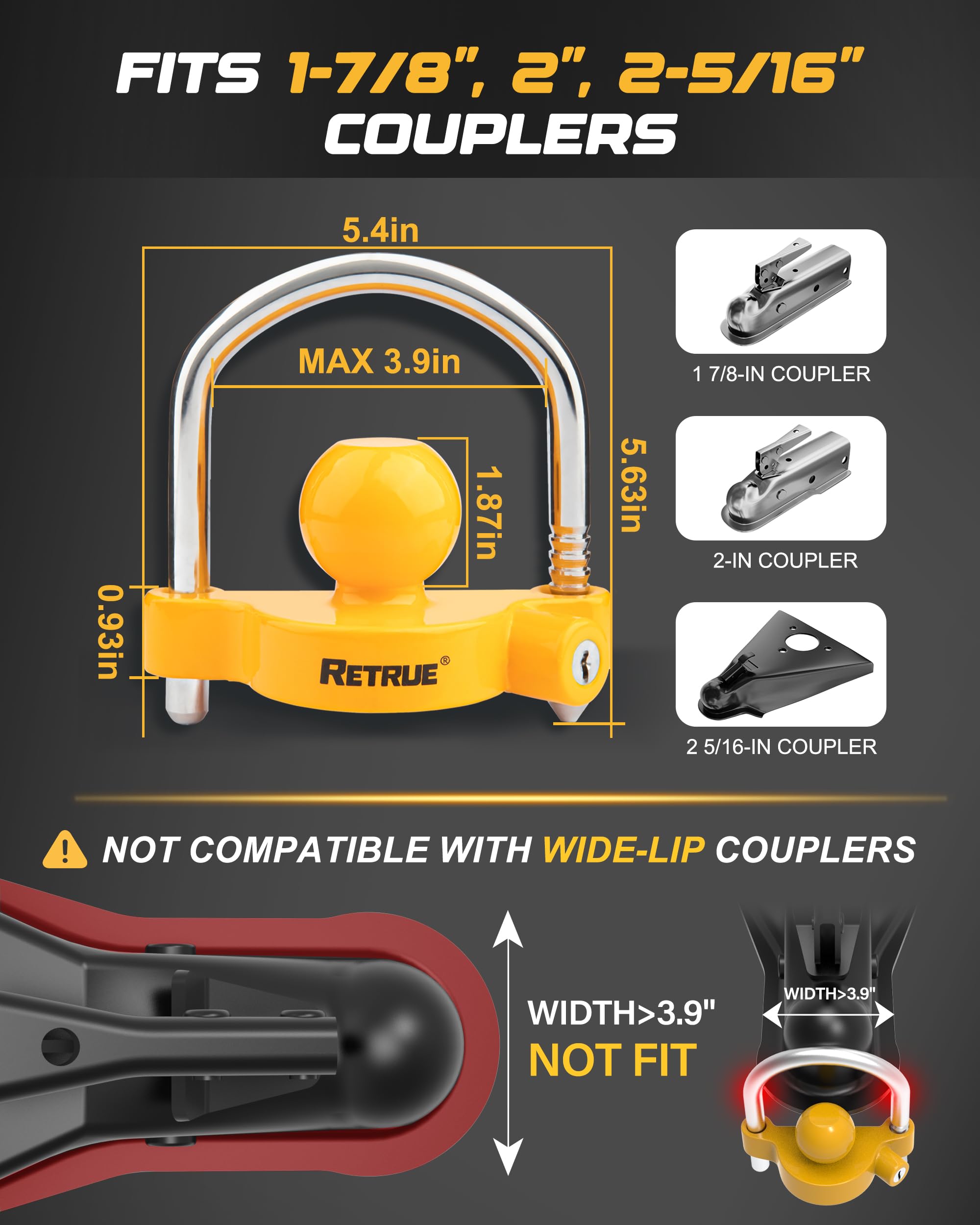 RETRUE Candado Universal Para Remolque, Enganche De Bola Bloqueo Seguridad Ajustable, Acero Resistente, Se Adapta a Acopladores 1-7/8 Pulgadas, 2 Pulgadas