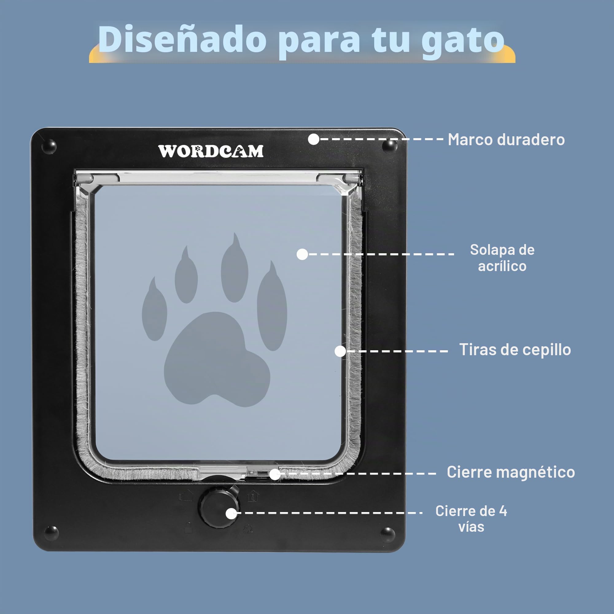 Puerta XL para gatos Wordcam, puerta fuerte para puertas interiores y exteriores, bloqueo de 4 vías, puerta para mascotas hasta 25 libras, gatos, gatitos, perros, fácil instalación, resistente a la