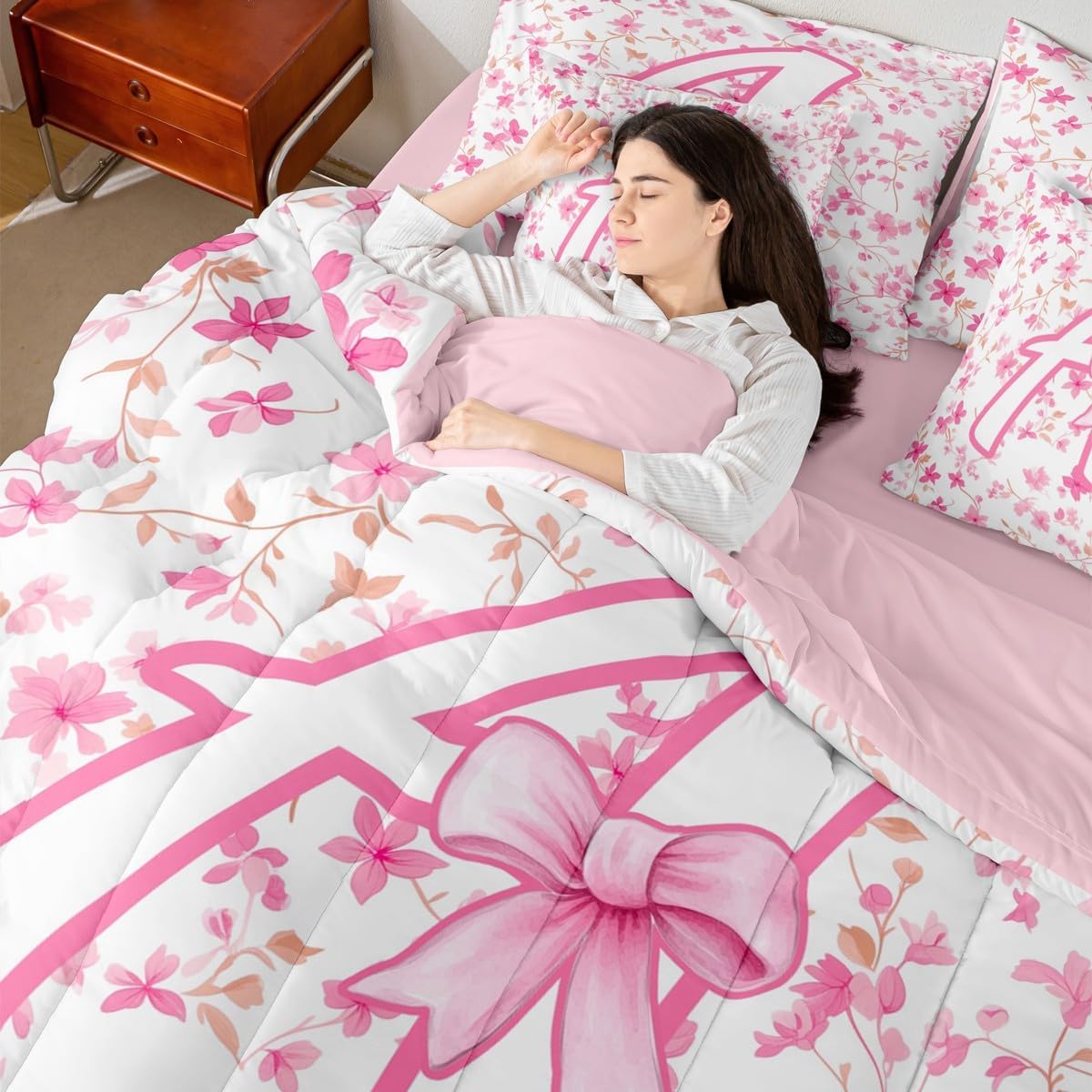 Feelyou Girls Cute Pink Bowknot Comforter Set with Sheets Coquette Bow 7 Piece Bedding Set Full Size for Kids Girls Personalized Letter A Room Decor Bed in a Bag