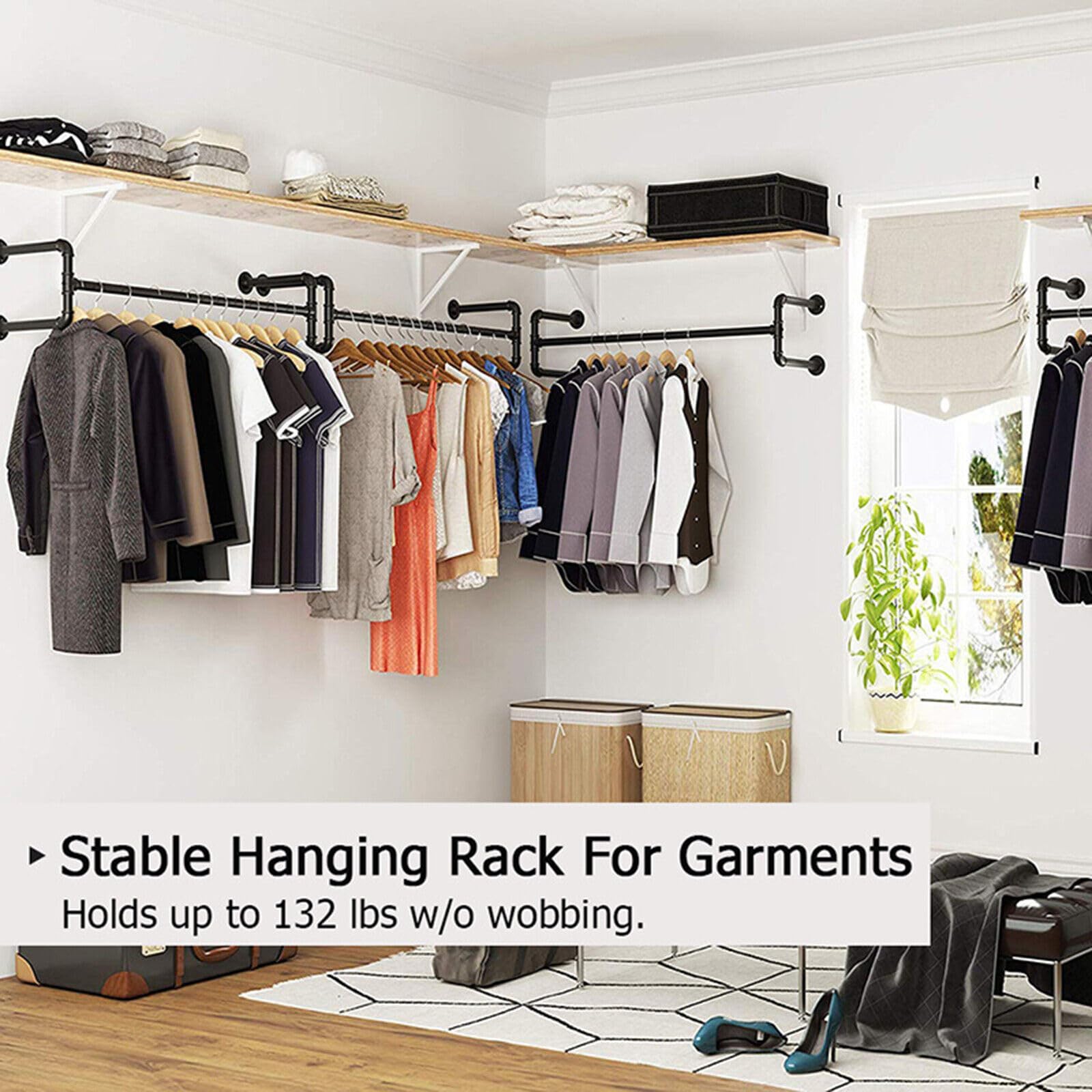 Barra Colgadores de Ropa de Pared Industrial de 115 cm, Montaje en Pared, Industrial, para Dormitorio, Salón, Color Negro