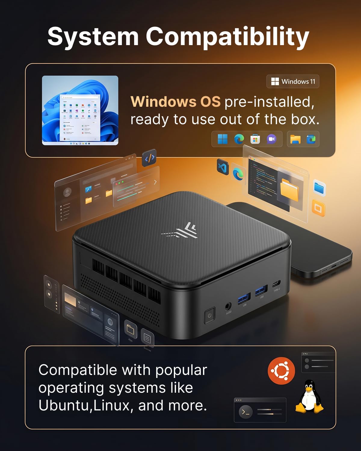 NiPoGi E3B Mini PC AMD Ryzen 5 7530U (Meglio di 7430U,4.5 GHz) W-11 Pro 16 GB RAM/1TB M.2 SSD, Triplo Display 4K@60Hz(DP 1.4+HDMI 2.0+Type-C) WiFi6,BT5.2/RJ45