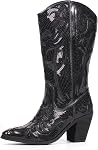 Hawkwell Women's Sequin Mid Calf Western Cowboy Boots Wide Calf High Fashion Tall Zipper Pointed Toe Embroidered Cowgirl Boots