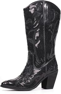 Hawkwell Women's Sequin Mid Calf Western Cowboy Boots Wide Calf High Fashion Tall Zipper Pointed Toe Embroidered Cowgirl Boots
