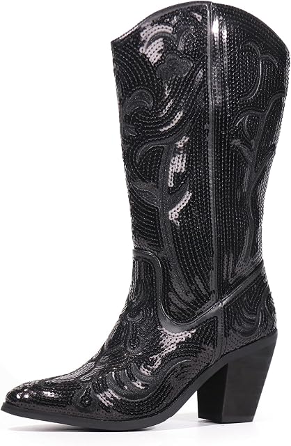 Hawkwell Sequin Mid Calf Western Bottes de cowboy large Calf haute mode Tall zipper pointu orteil brodé Bottes Cowgirl pour femme
