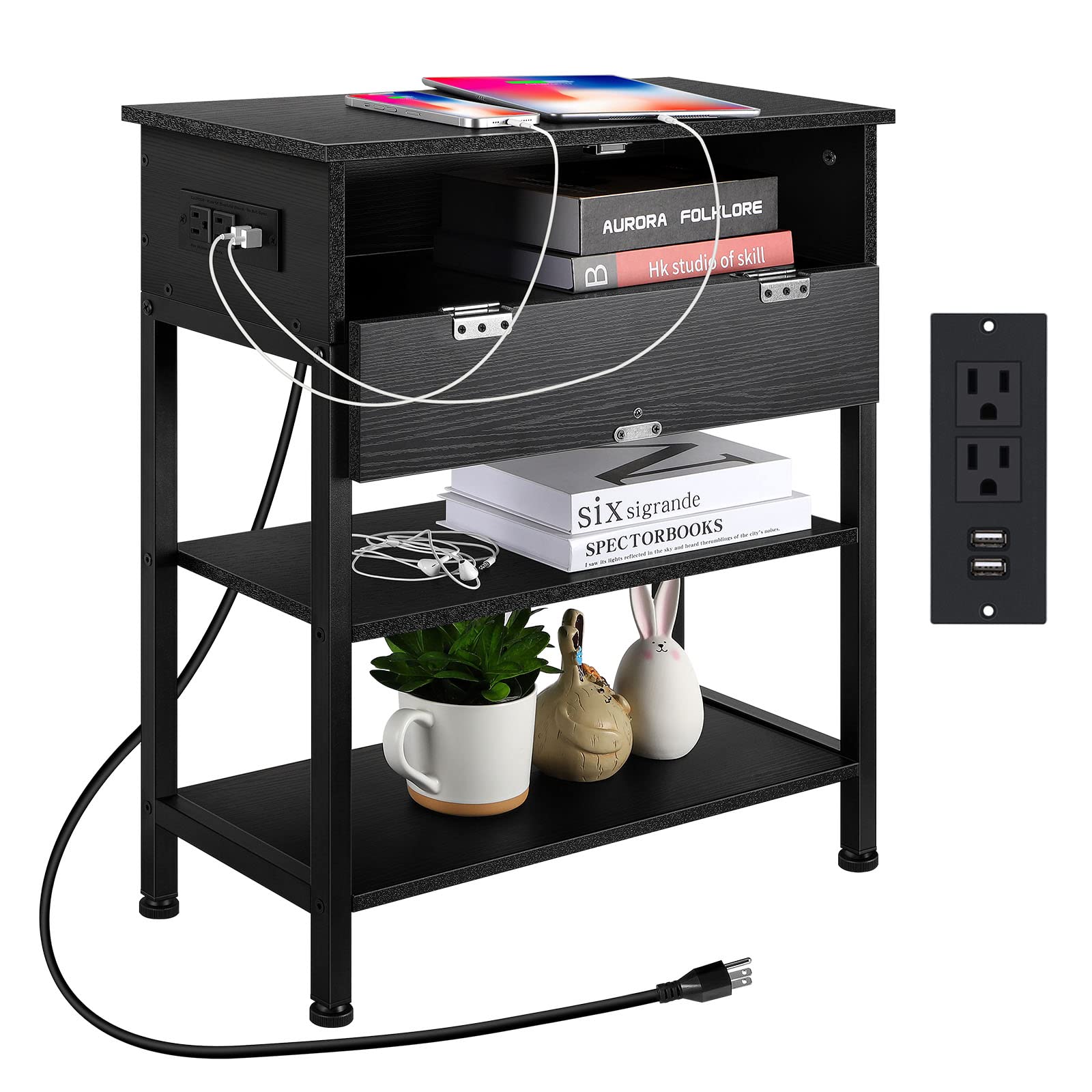 smusei Black End Table with Charging Station Narrow Slim Sofa Side Table with Dual USB Ports and Outlets, Small Bedside Nightstand with Storage Drawer for Bedroom Living Room Small Spaces