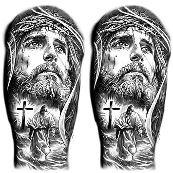 2 Sheets Temporary Tattoos Stickers Jesus Cross Religion Old School Designs For Men Waterproof Arm Leg Fake Body Art, Gym & Parties Bold Masculine Decals
