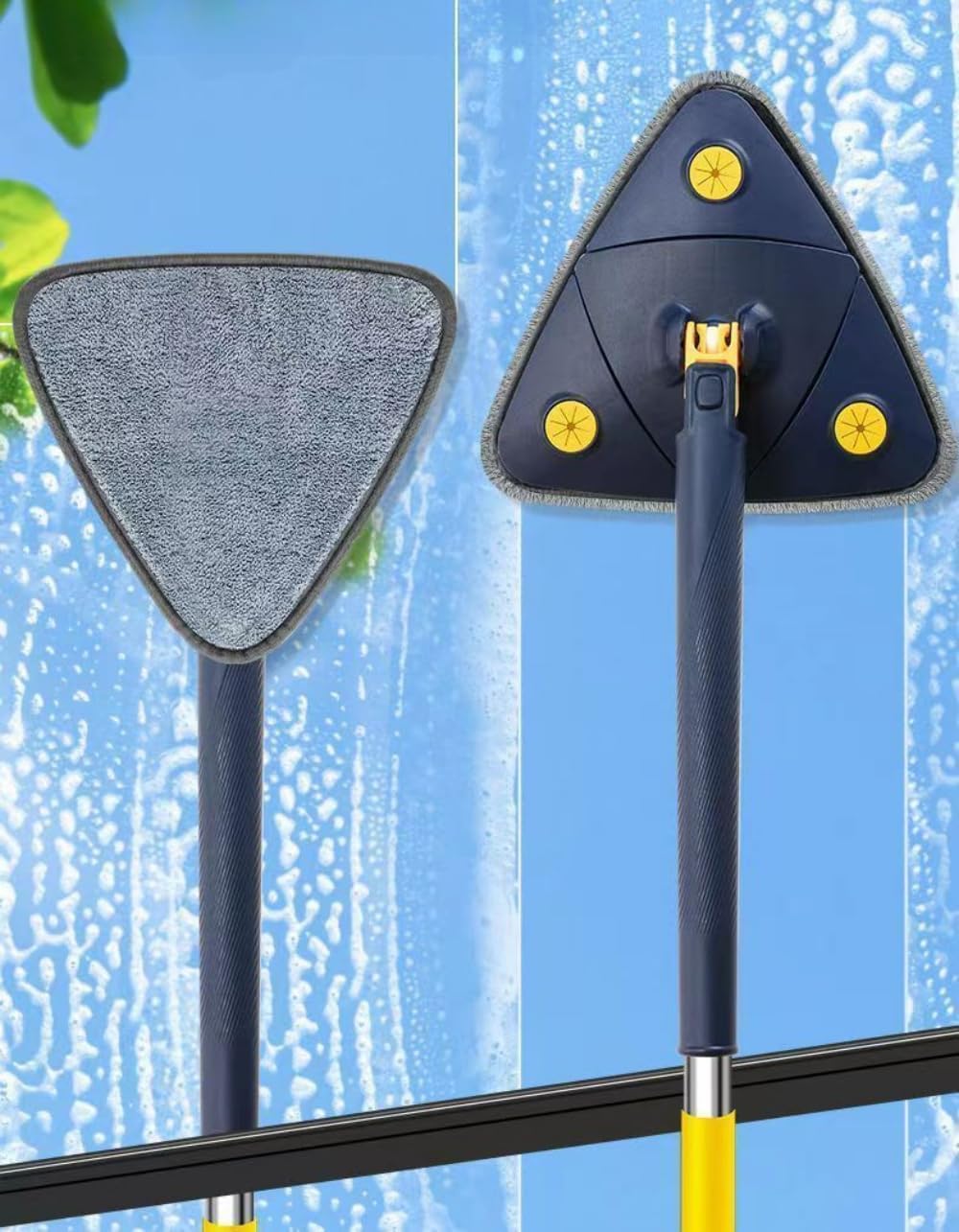 360° Adjustable Rotating Cleaning Mop Triangular Mop with Compressed Water Automatic Cleaning for Kitchen, Walls, Ceiling, Corners (Blue + 6 Fabric)