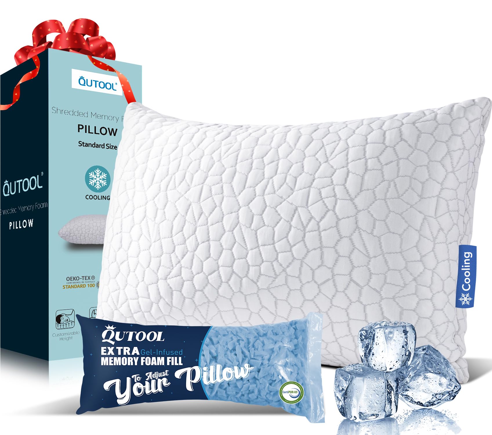QUTOOL Cooling Pillows for Sleeping Shredded Memory Foam Pillows 1 Pack, Gel Bed Pillow for Hot Sleepers, Soft and Supportive, Adjustable Pillow for Side, Back Sleepers, Gifts for boyfriend, Women Men