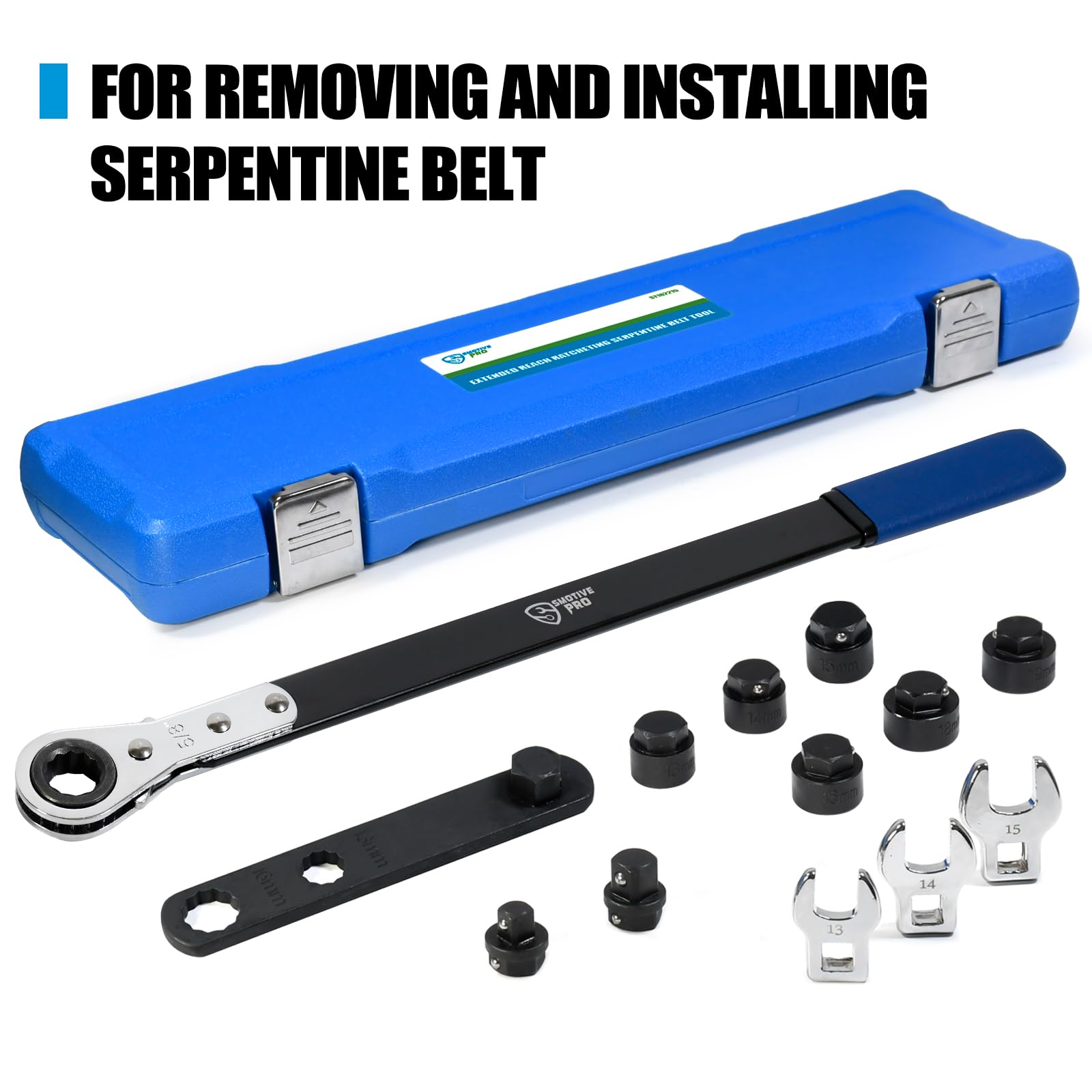 SMOTIVEPRO 13-Piece Extended-Reach Ratcheting Serpentine Belt Tool Kit with Reversible Ratcheting Wrench, Drive Adapters, 6-Point Sockets and Crowfoot Wrenches
