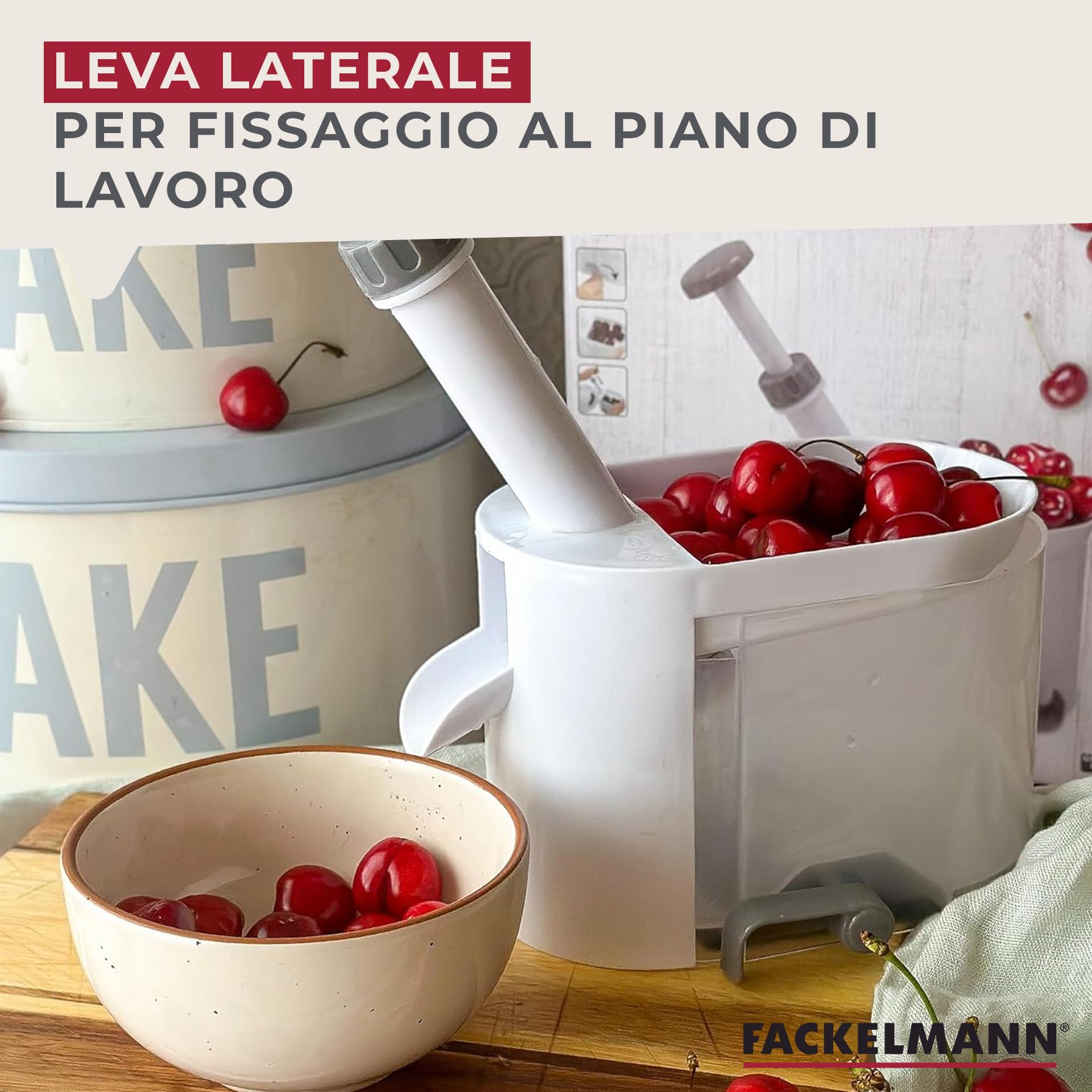 Fackelmann Denocciolatore a Stantuffo per Ciliegie e Olive 28,8x16 cm, in Plastica Alimentare Completamente smontabile adatto per Snocciolare Ciliegie, Amarene ed Olive