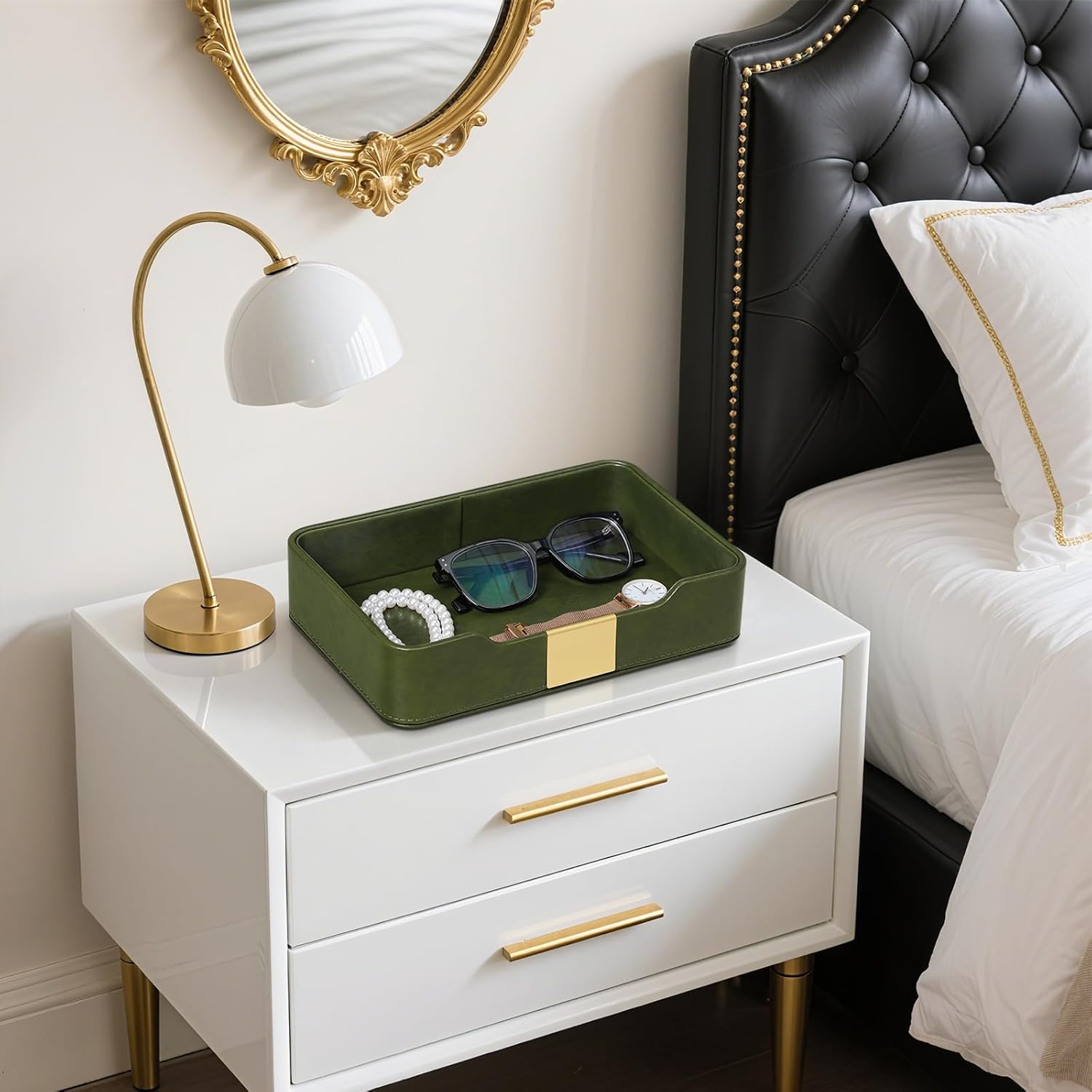 10.2" x 6.7" Nightstand Organizer Tray with Gold Accent, Decorative Valet Trays Cologne Organizer for Men, Key Bowl Perfume Trinket Tray for Dresser Bedside Entryway Table (Olive Green)