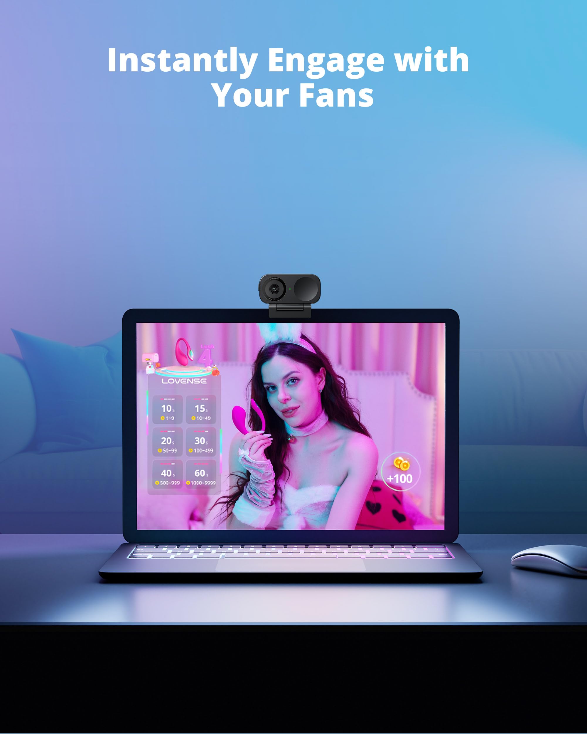 LOVENSE Webcam 2 4k for PC, Live Streaming Camera 1/2" Sensor True Focus Al Noise Canceling, Hand Gesture Control, Mobile Control, Auto Framing, Customizable Audio Modes, Microphones, Privacy Control: Lovense Webcam 2