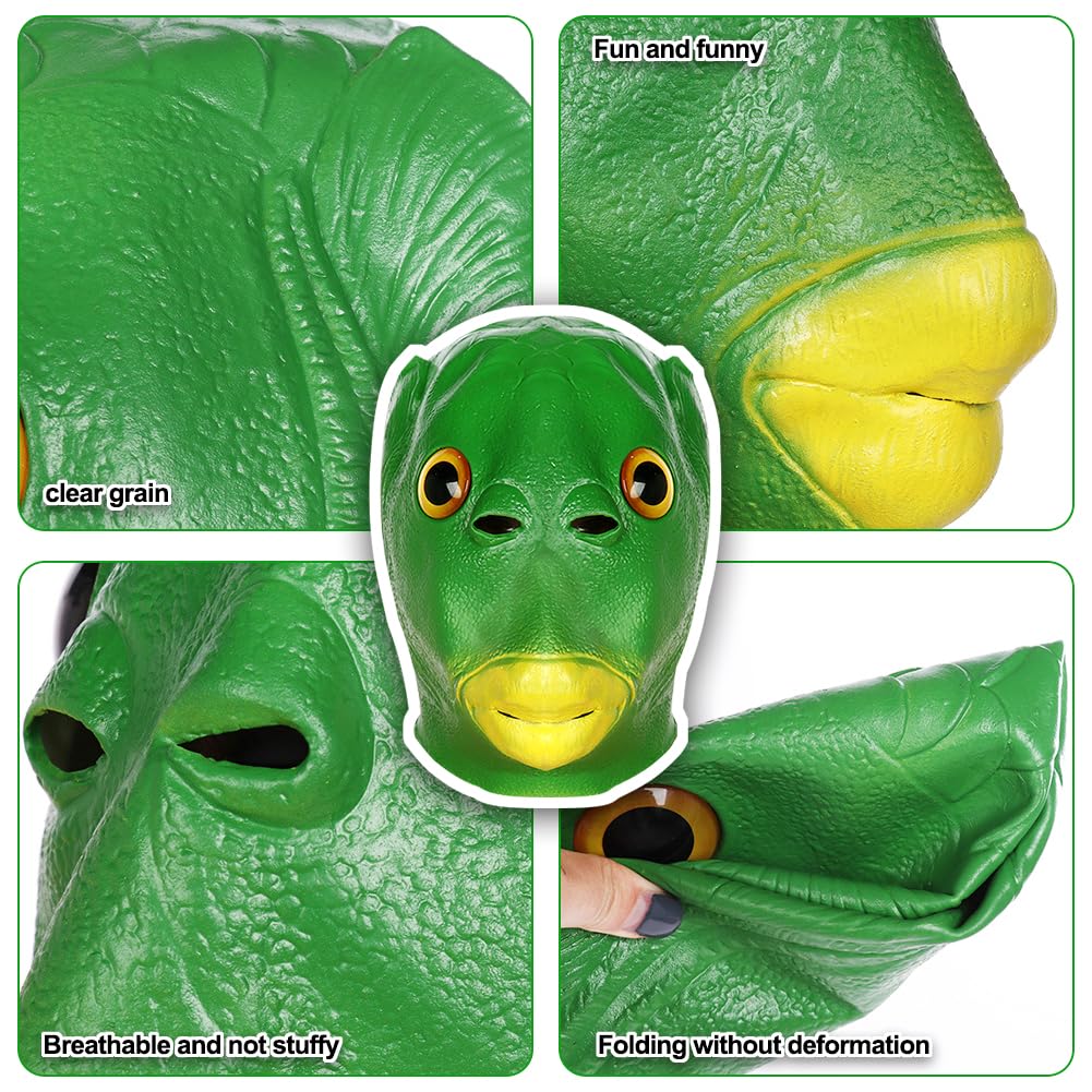 WFKKMEQ Halloween Green Fish Mask, Green Fish Animal Latex Full Head Realistic Masks, Costume Party Cosplay Props, Carnival - Image 3