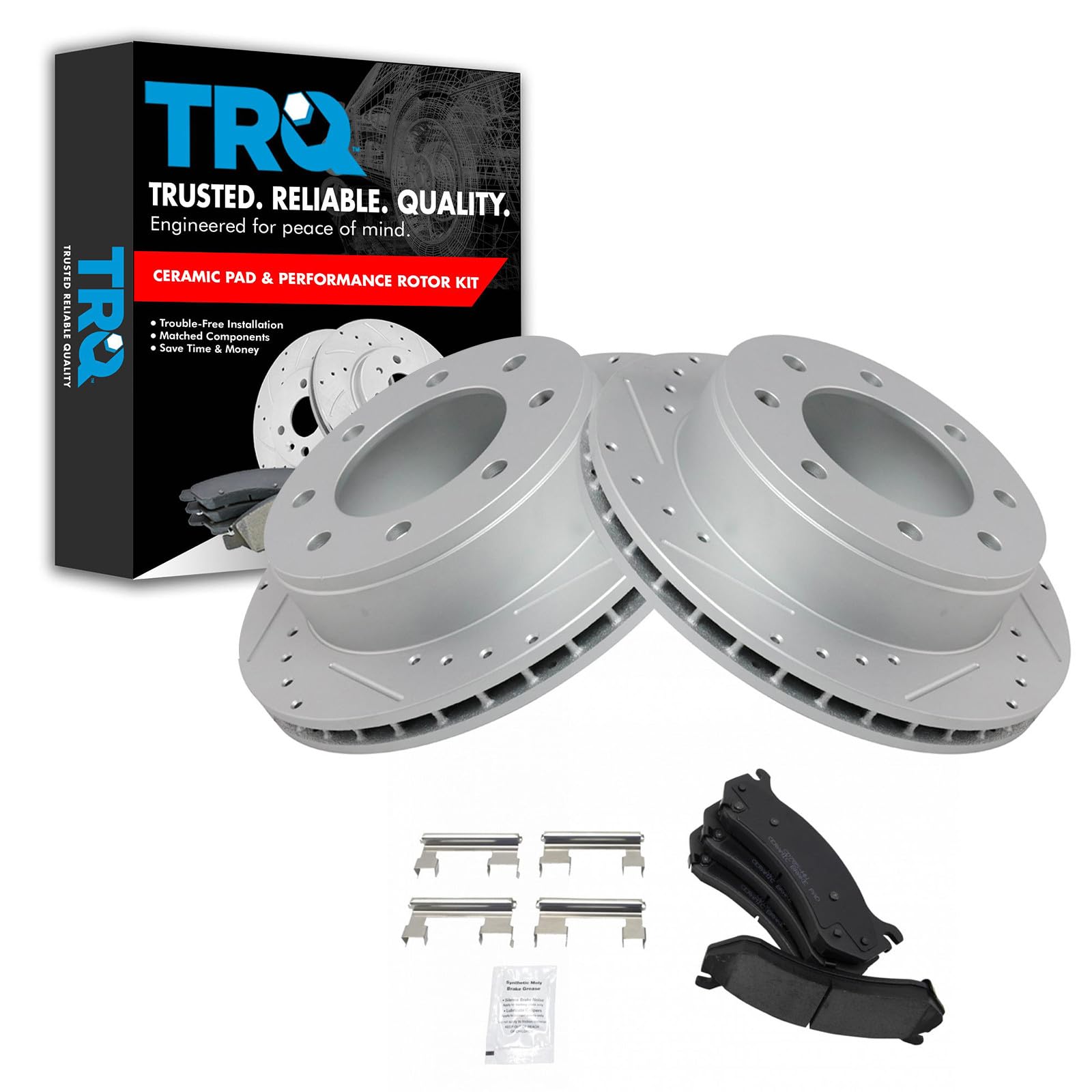TRQ Performance Rear Brake Pad and Rotor Set Ceramic Drilled Slotted Vented Rotors Compatible with 99-07 Chevrolet Silverado GMC Sierra 1500 HD 2500 00-07 Suburban Yukon XL 2500 03-09 Hummer H2