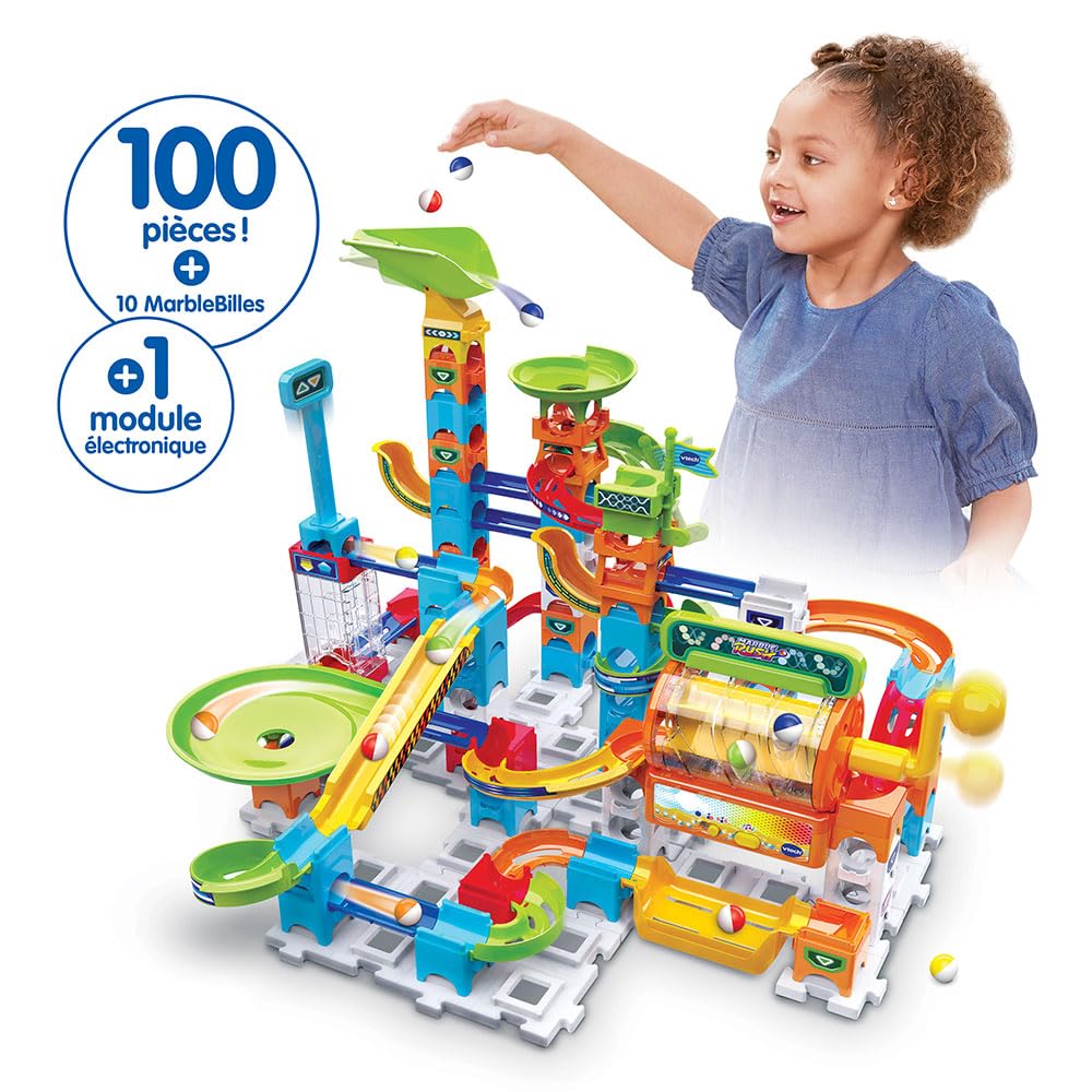 VTech - Marble Rush, Circuit à Billes Électronique Super Action Set Electronic L200E, Jeu de Construction, 102 Pièces, 10 Billes, Cadeau Enfant Dès 4 Ans - Contenu en Français