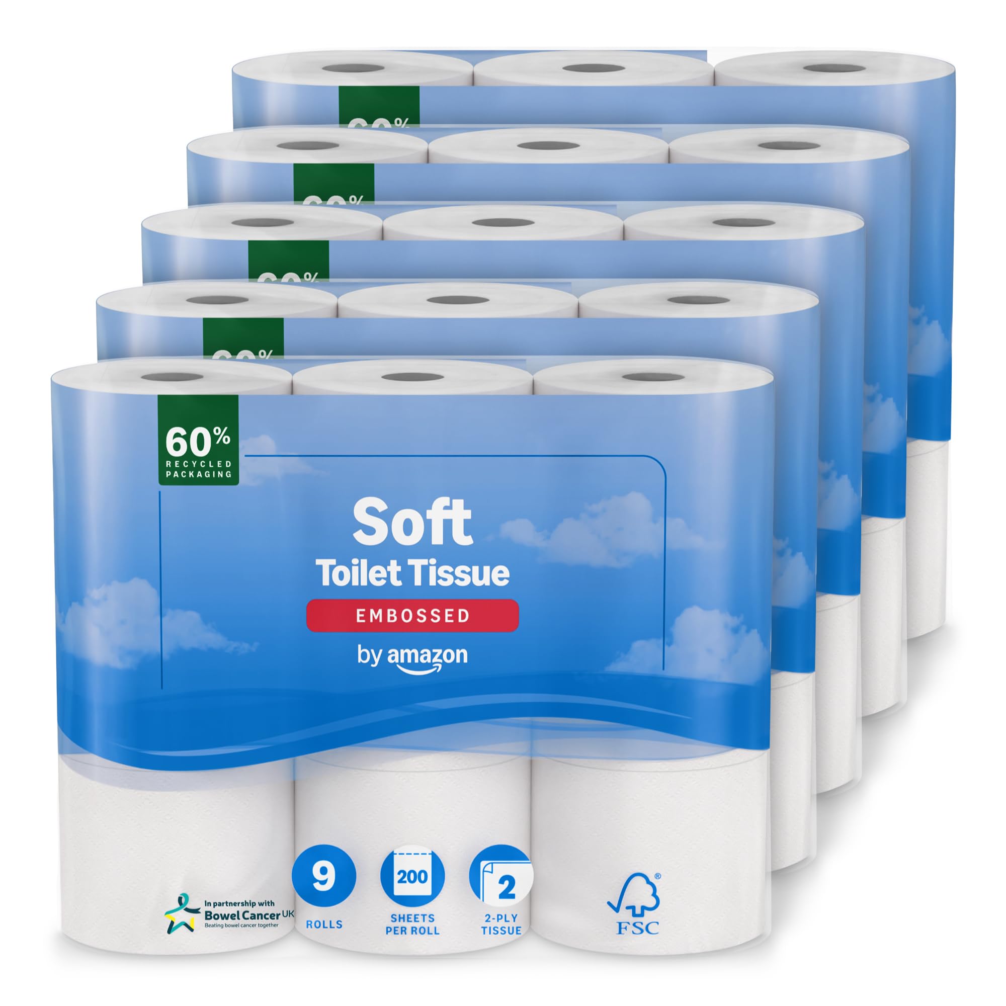 by Amazon Soft Toilet Tissue, 2-Ply, 45 Rolls (5 Pack of 9), 200 Sheets per Roll, FSC Certified