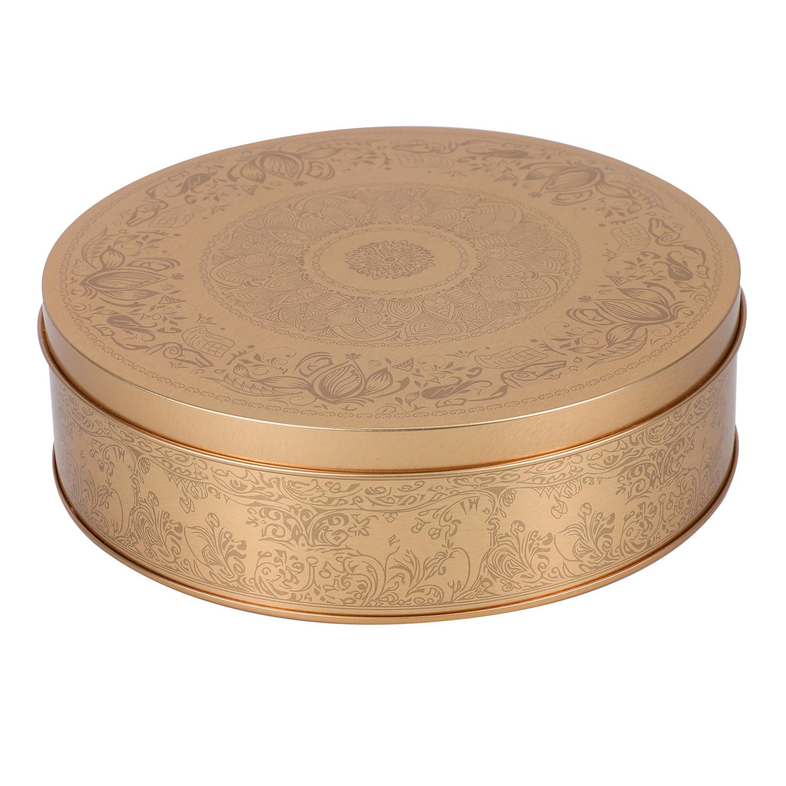 Caja de galletas de hojalata redonda dorada vintage para guardar repostería