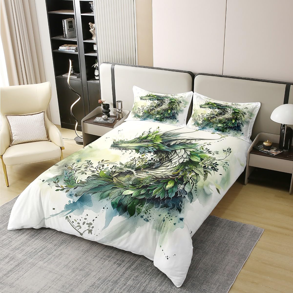 Loussiesd Drache 100% Baumwolle Bettwäsche Set 135x200cm Grasdrache Betten für Kinder Mädchen Jungs Wild Life Bettbezug Wild Tier Bettwäsche-Set Zimmer Dekor Weiß Grün