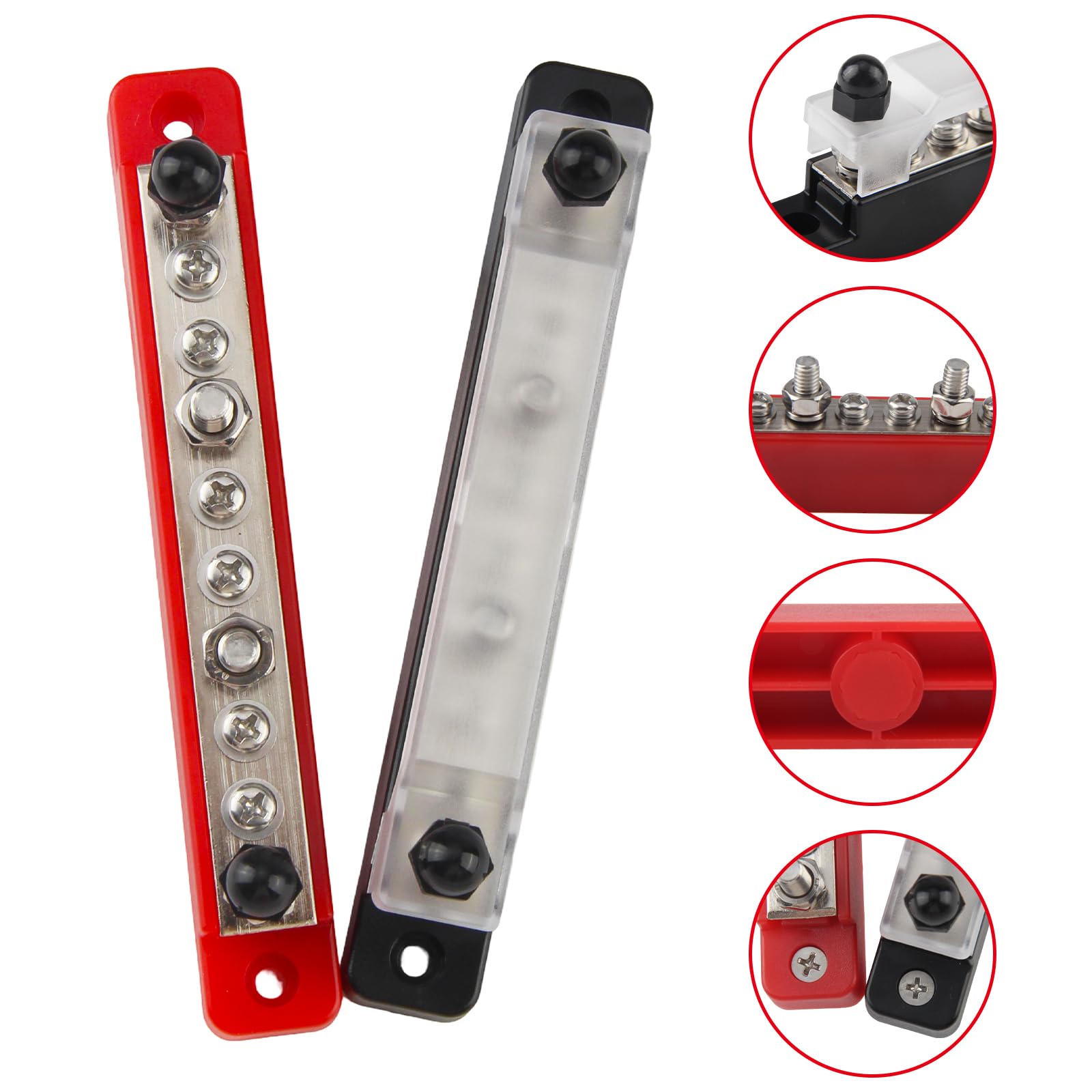 2 sztuki szyn zbiorczych 12 V-48 V DC szyna zaciskowa (czerwona i czarna) | Blok rozdzielczy listwa zaciskowa 150 A z pokrywą 6 x M4 i 4 x M6 bolce zaciskowe do samochodów ciężarowych, jachtów, łodzi