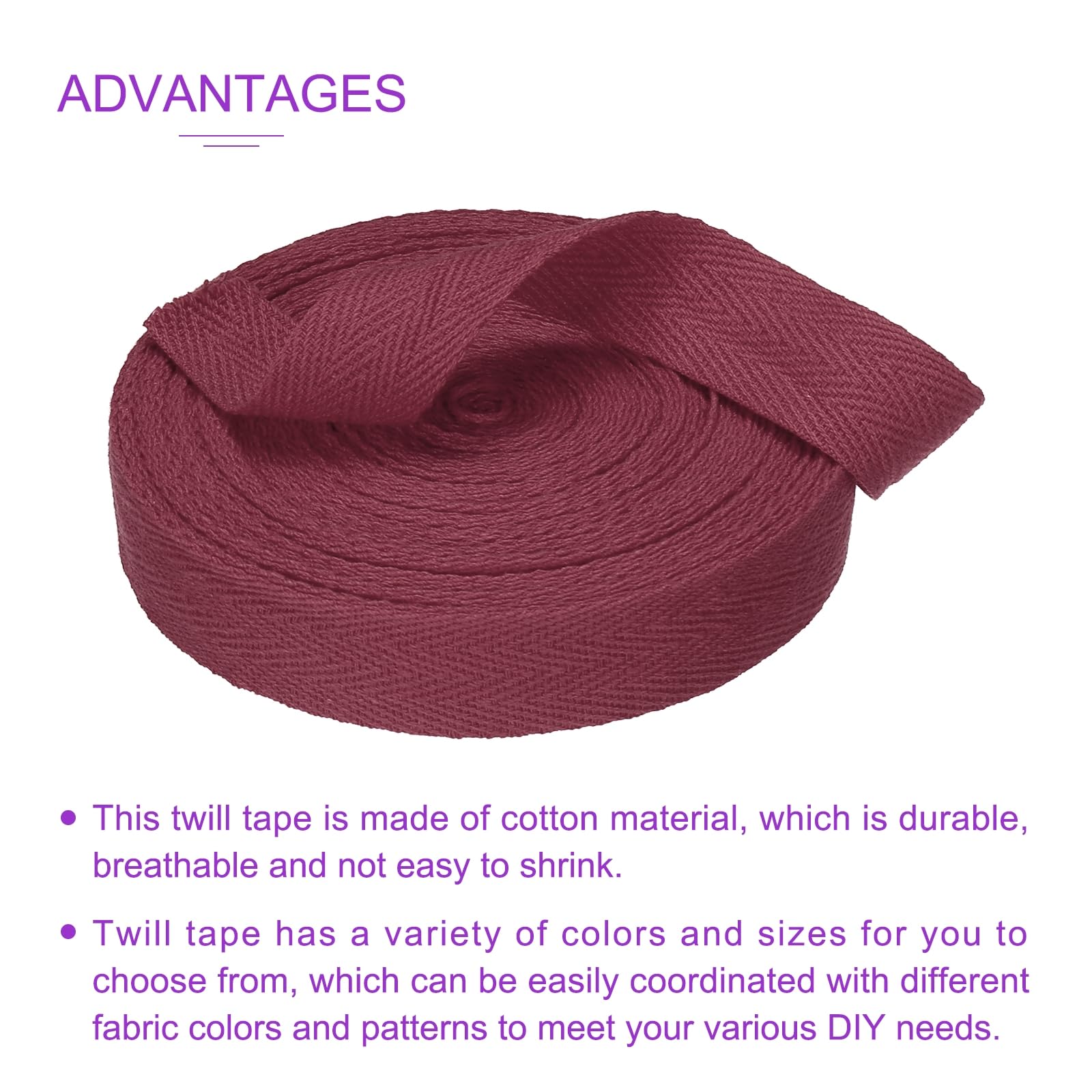 DMiotech 3/4"(2cm) 10 Yards Cotton Twill Tape Cotton Ribbons Bias Binding Tape Herringbone Tape Ribbons Dark Red for DIY Crafts Clothes - Image 4