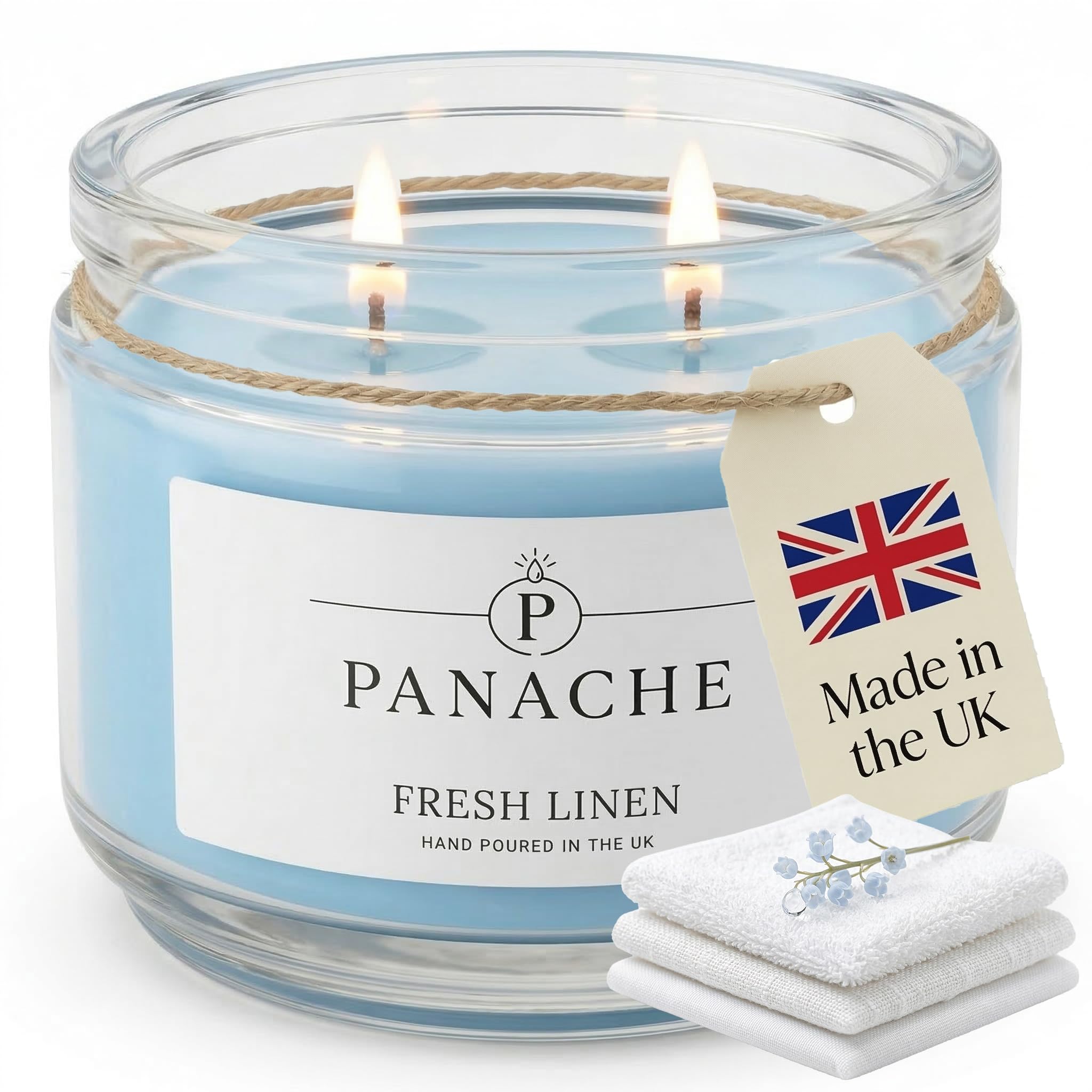 Zan Village Homeware Fresh Linen Panache Scented Candle – Double Wick Soy Wax Candle, 48 Hour Burn Time, Hand Poured In Uk, Clean Burning Cotton Wicks, Luxury Glass Jar Candle For Home Fragrance & Gifts (320G)