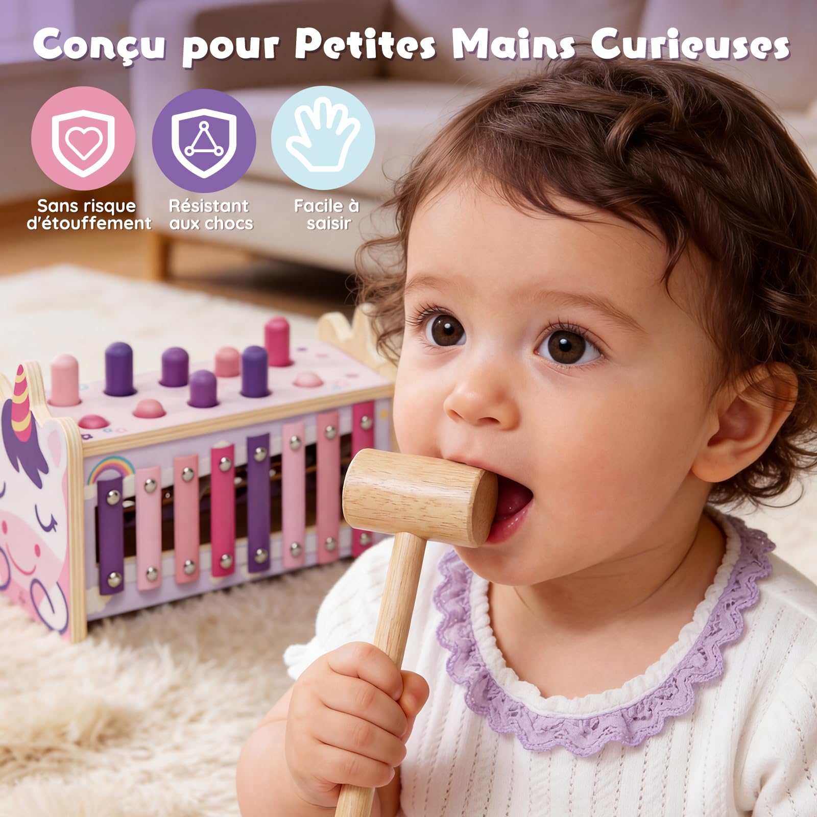 Jouets Montessori 1 An Bébés Jouet en Bois avec Xylophone et Marteaux Filles Jouets d'Éveil Motricité Cadeaux Éducatifs 1-3 Ans