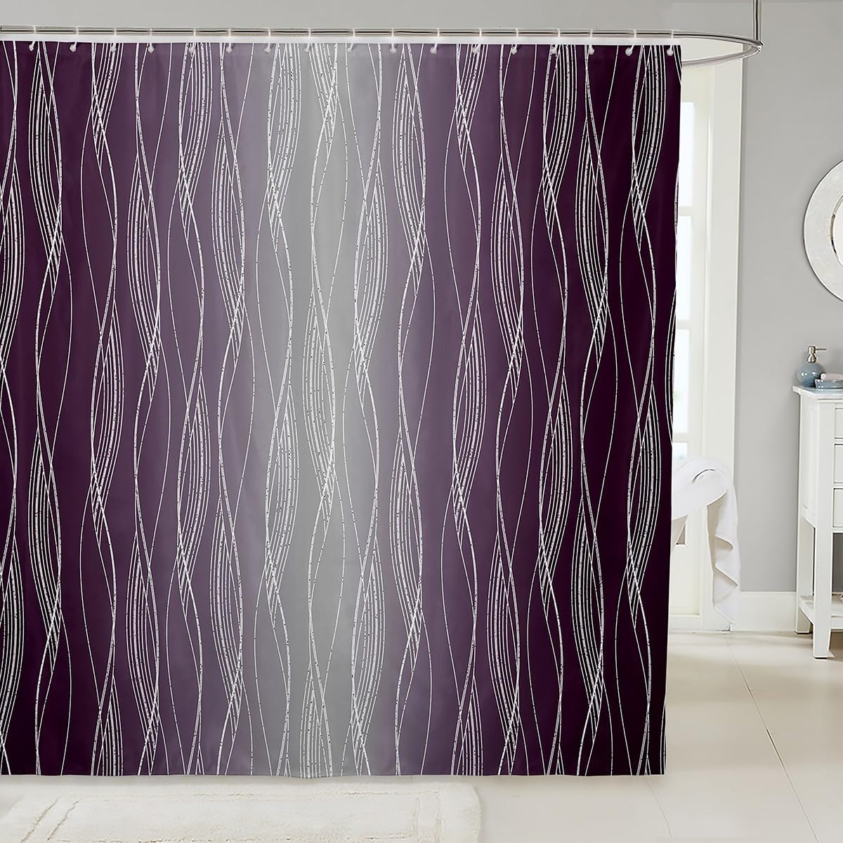 Erosebridal Navy Blue and Greyish White Bath Curtain Teen Boys Abstract Geometric Ombre Shower Curtain 72" Wx84 L Dark Blue Gray Gradient Bathroom Curtain Silver Wavy Line Bathroom Accessories