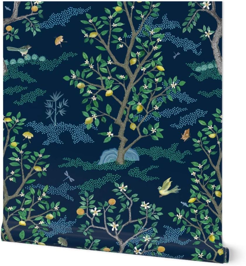 Peel & Stick Wallpaper 3ft x 2ft - Indigo Blue Chinoiserie Citrus Grove Toile Green Birds Oranges Lemons Custom Removable Wallpaper by Spoonflower