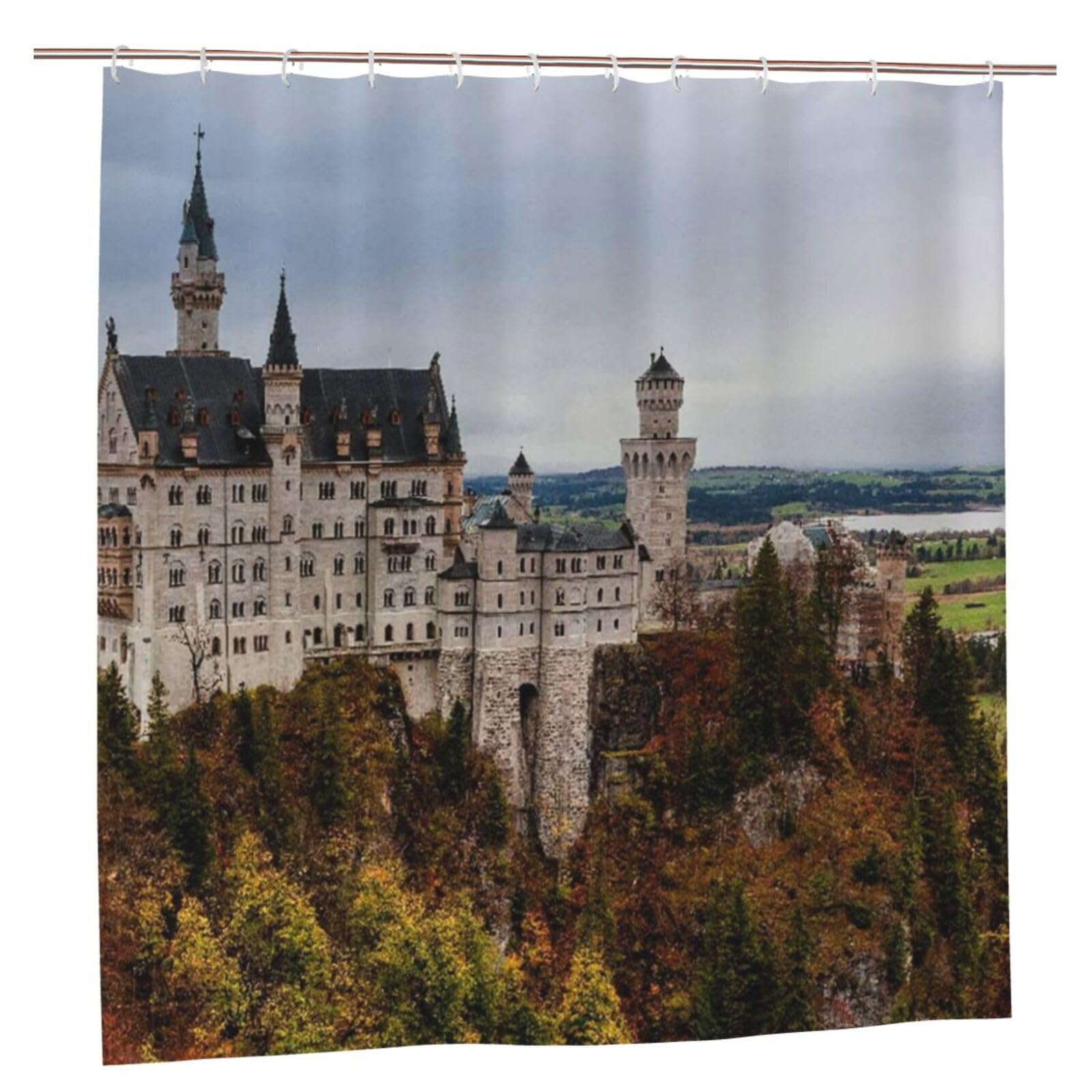 Oudrspo Polyester Fabric Shower Curtain - 70x70 Inch with Metal Grommets, Artistic Privacy Design, Neuschwanstein Castle Famous Tourist Fairy Attraction Bavarian Alps