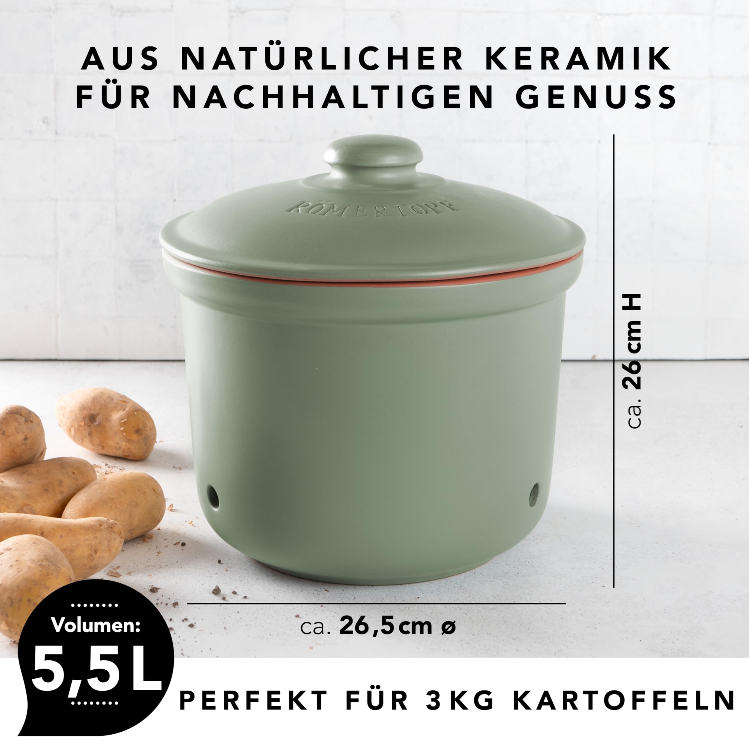 Romertopf Pot fraîcheur MAXI PLUS 5,5 l – Pot à pommes de terre en céramique – Argile respirante pour garder les légumes frais plus longtemps – Circulation de l'air idéale – Vert