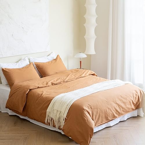 Miniatura 7 de BISELINA Juego de funda de edredón de lino francés, 3 piezas con cierre de cremallera oculto, mezcla de lino natural, mezcla de algodón, color